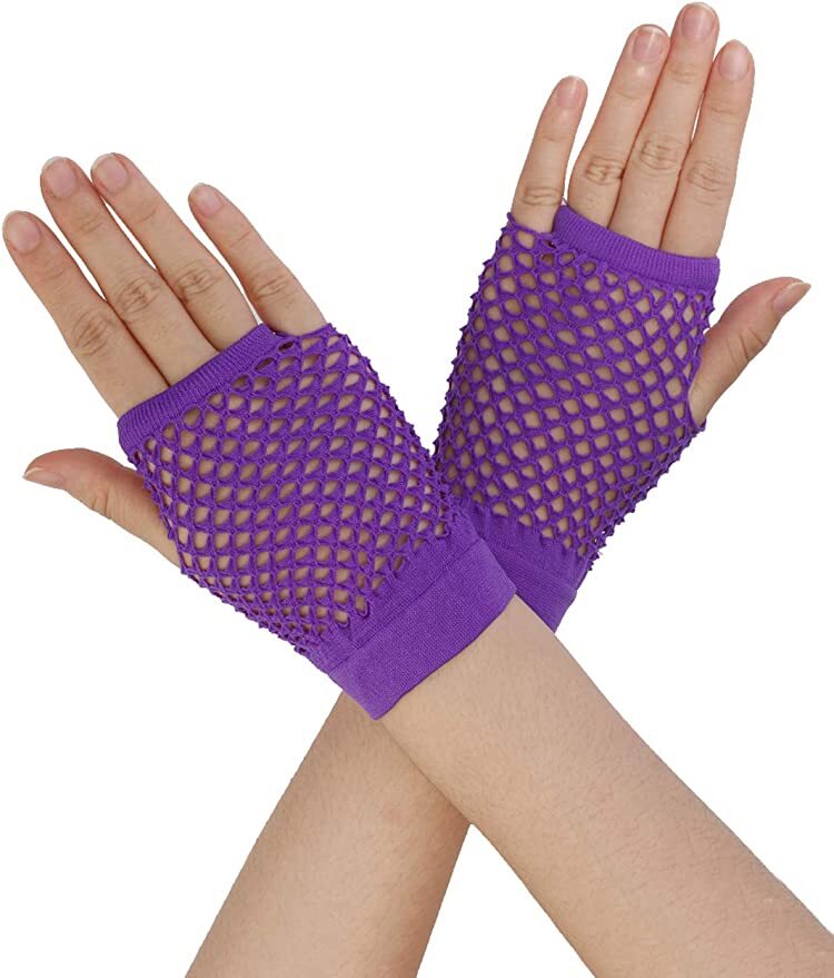 V563-18510-PURPLE-184986-00 1 Pair Fishnet Gloves Fingerless Wrist Length 70s 80s Costume Party - Purple - Image 1