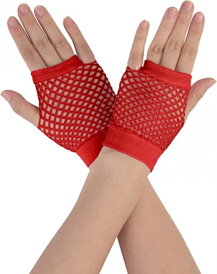 V563-18510-RED-184990-00 1 Pair Fishnet Gloves Fingerless Wrist Length 70s 80s Costume Party Dance - Red - Image 1