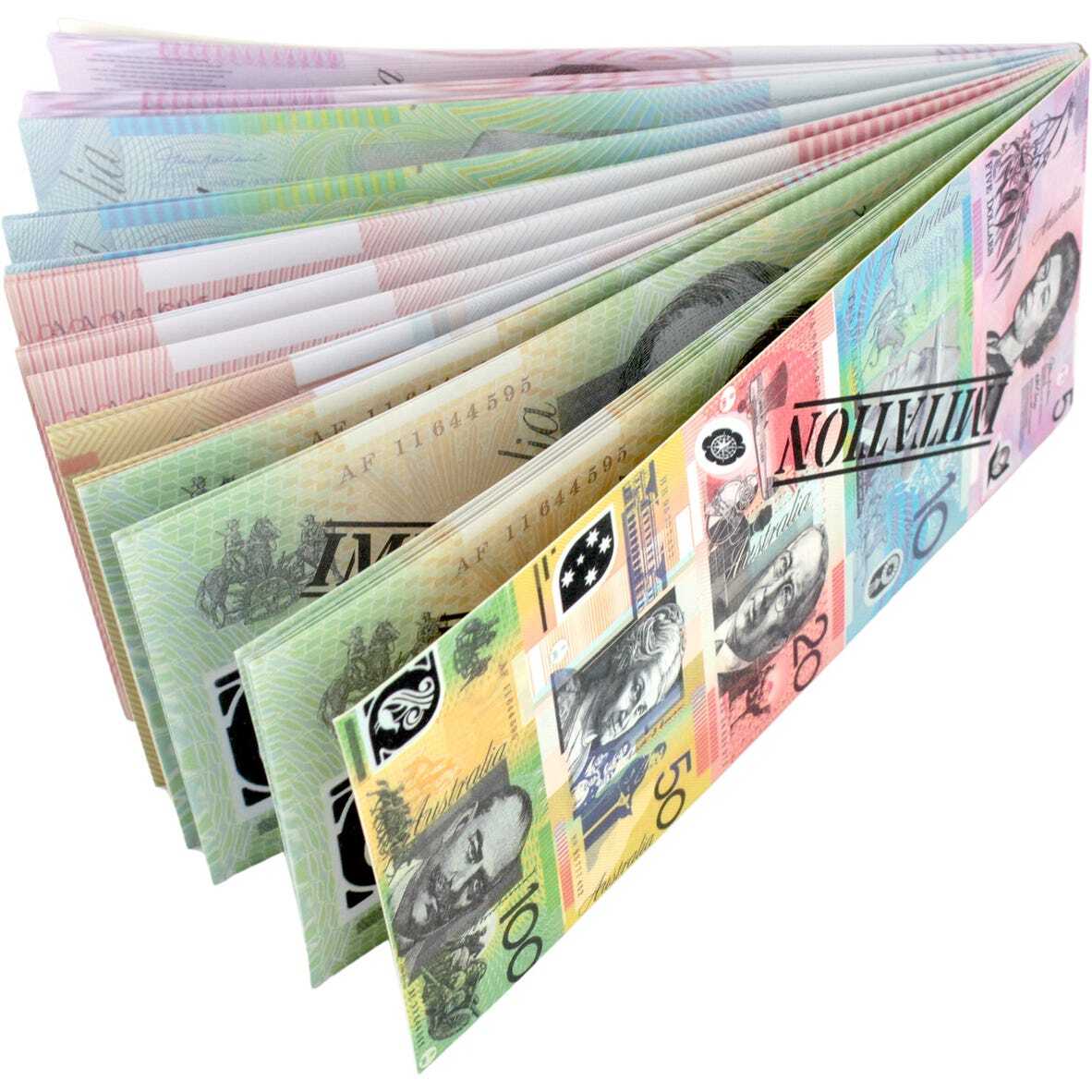 V563-22115-ASSORTED-202503051525-00 Assorted Dollar Australian Souvenir Note Pad Fake AUD Money - 1 Pack of 50 Sheets - Image 1