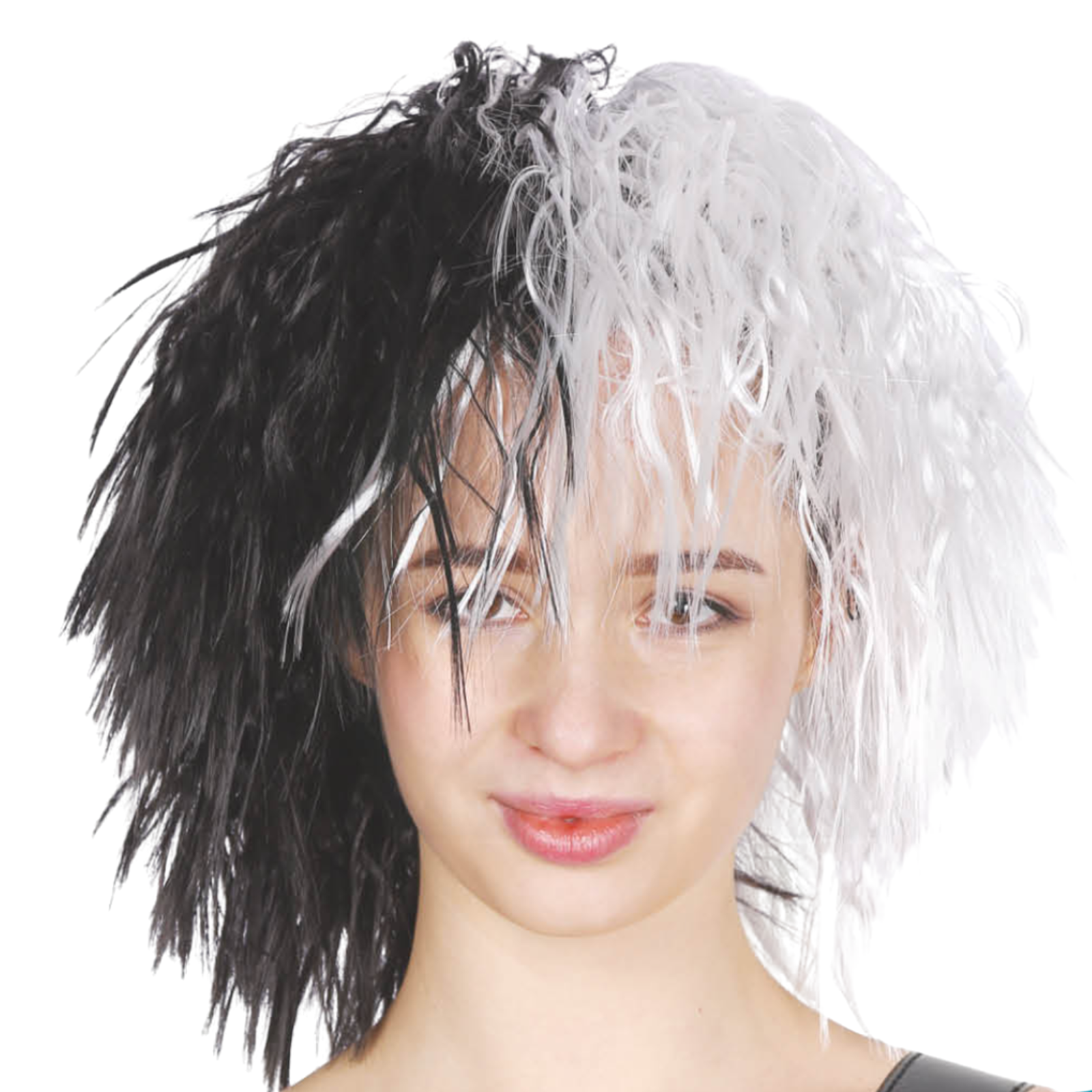 V563-22340-BLK-WHT-184957-00 EVIL LADY WIG Messy Curly Hair Costume Dalmatian Villain Fancy Dress Accessory - Black/White - Image 1