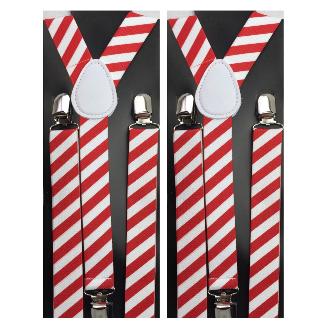 V563-2SLIMSUSPEND-REDWHTDIASTR-184306-00 2x Mens Suspenders Braces Adjustable Strong Clip On Elastic Formal Wedding Slim - Red/White Diagonal Stripes - Image 1