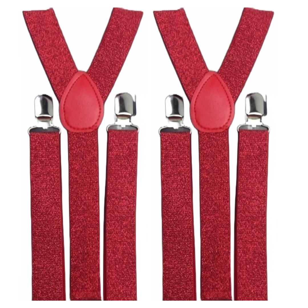 V563-2SLIMSUSPENDERS-REDGLIT-184297-00 2x Mens Suspenders Braces Adjustable Strong Clip On Elastic Formal Wedding Slim - Red (Glitter) - Image 1