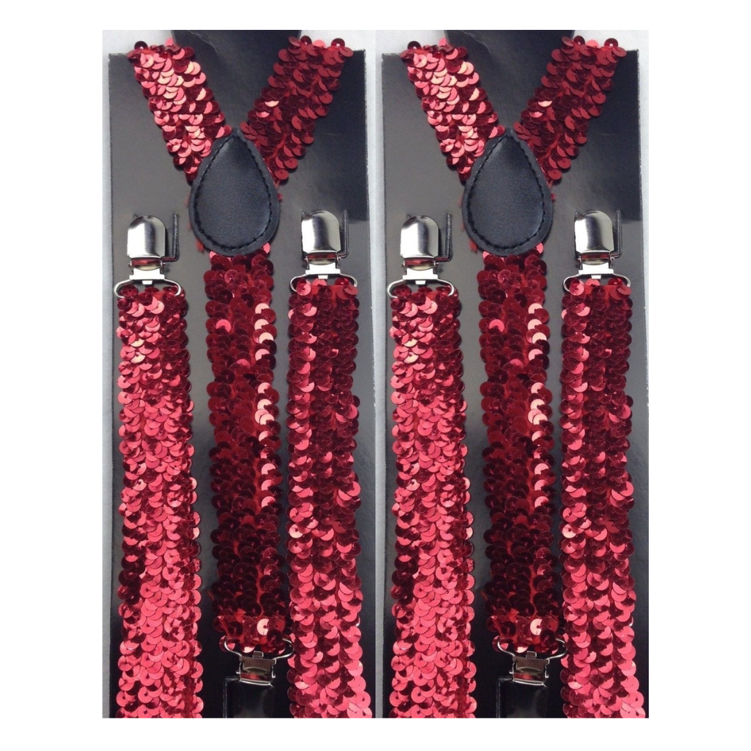 V563-2SLIMSUSPENDERS-REDSEQN-184303-00 2x Mens Suspenders Braces Adjustable Strong Clip On Elastic Formal Wedding Slim - Red (Sequin) - Image 1