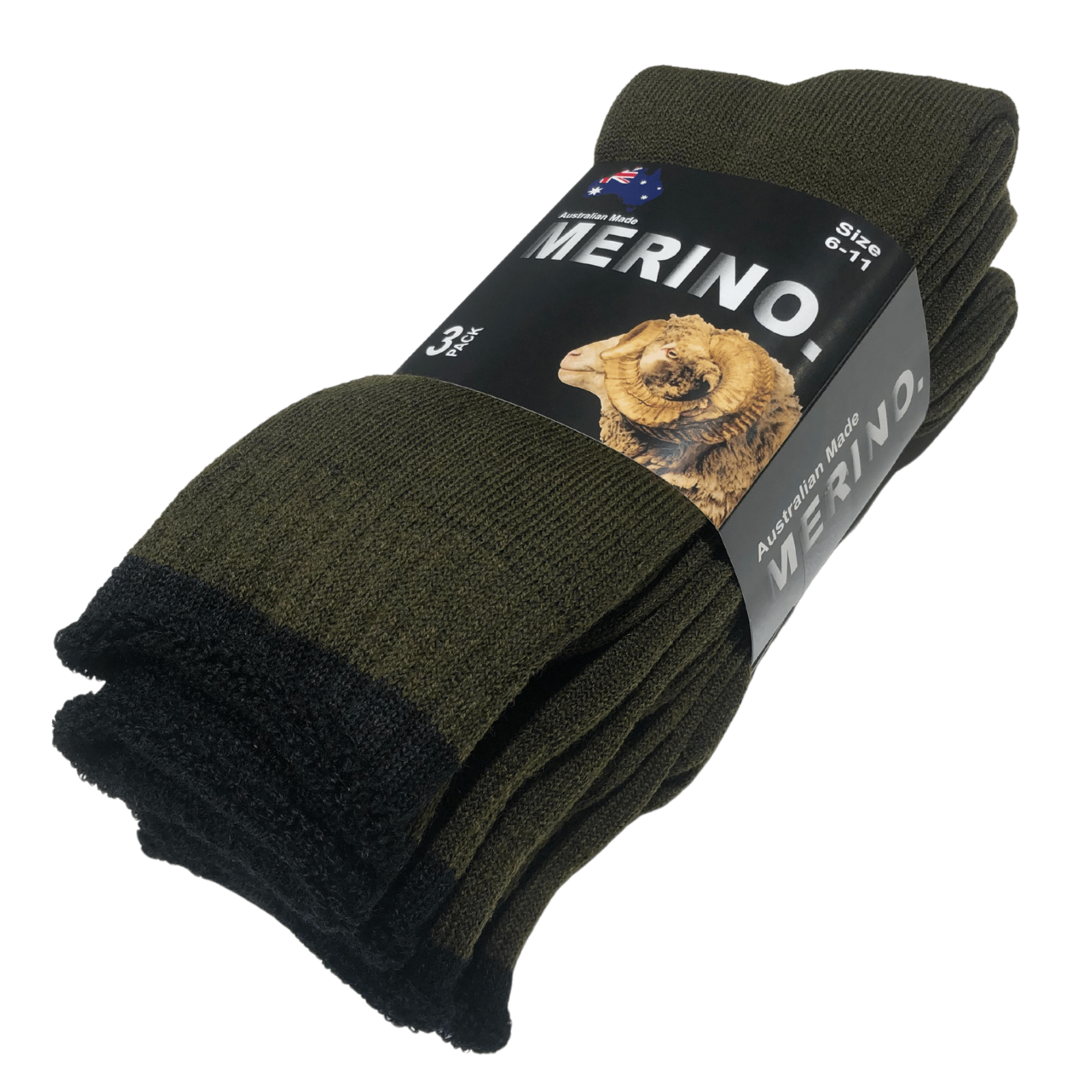 V563-3AUSOCKS-OLVE-SZE11-1-202502280925-00 3 Pairs MERINO WOOL SOCKS Mens Heavy Duty Premium Thick Work Socks Cushion - Olive - 11-14 - Image 1
