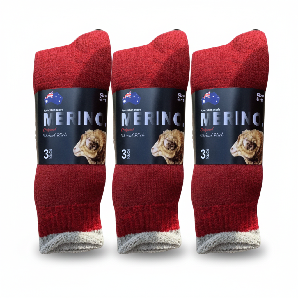 V563-3AUSOCKS-RED-SZE6-11-202509011243-00 3 Pairs MERINO WOOL SOCKS Mens Heavy Duty Premium Thick Work Socks Cushion - Red - 6-11 - Image 1