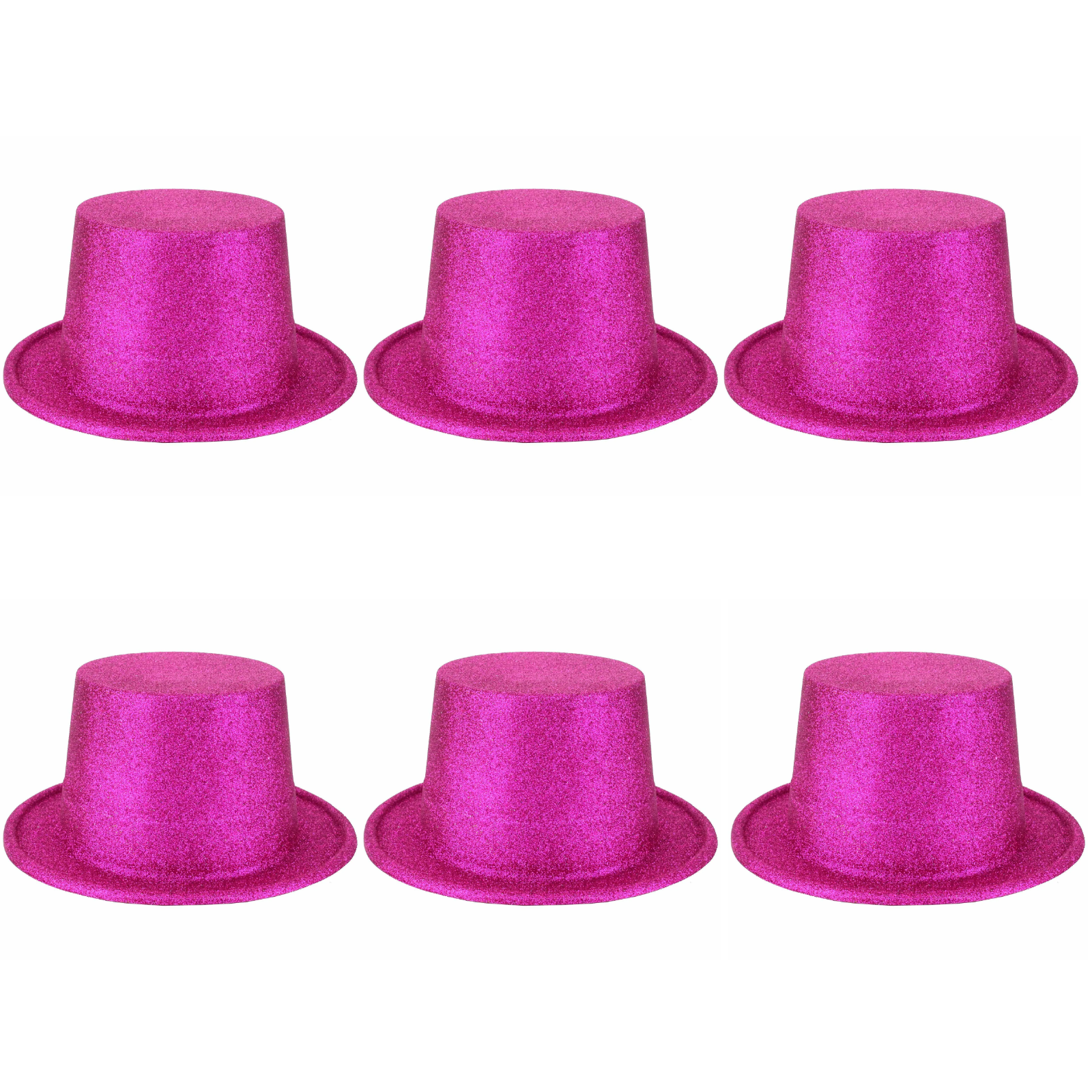 V563-6GLTRTOPHAT-HOTPINK-197190-00 6x Glitter Top Hat Fancy Party Plastic Costume Tall Cap Fun Bulk - Hot Pink - Image 1