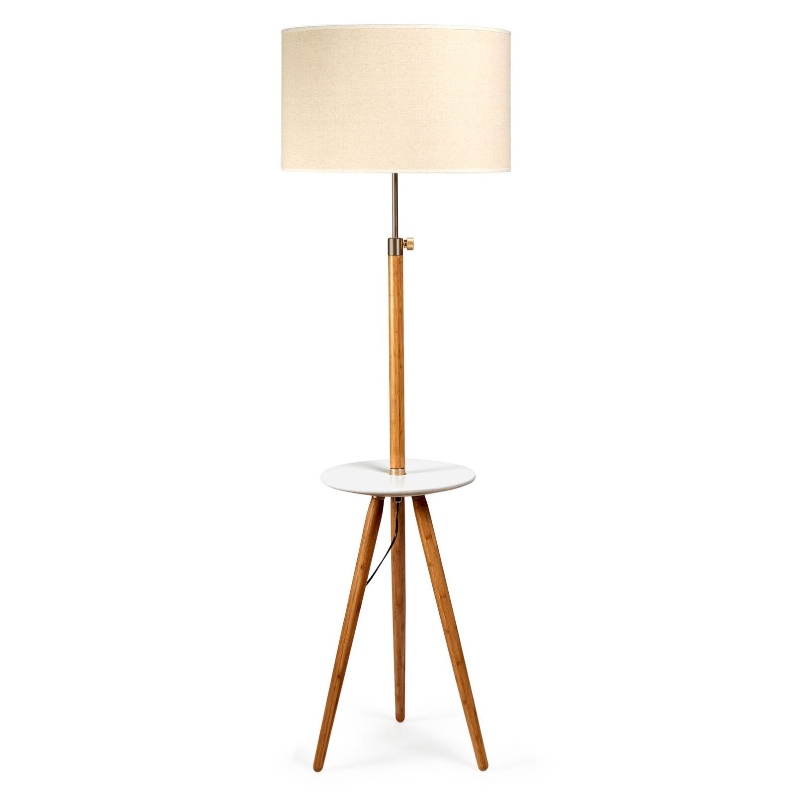 V563-75132-174466-00 165cm Adjustable Bamboo Tripod Floor Lamp Light with Linen Shade & Built-In Table - Image 1