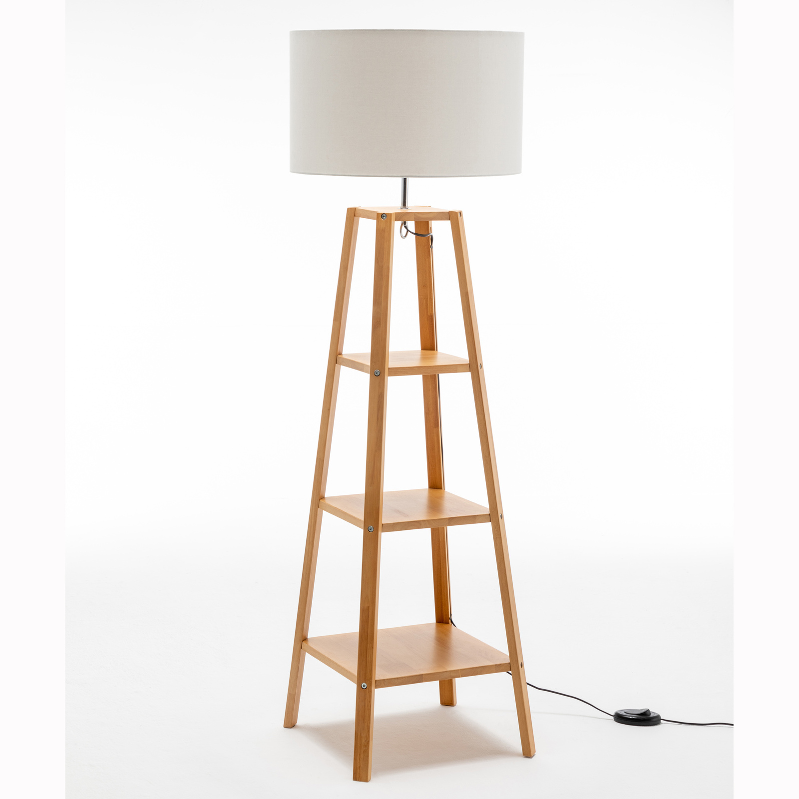 V563-75173-174348-00 Eiffel 3 Tier Natural Wood Floor Lamp w/ Storage Shelves + Off White Linen Shade - Image 1