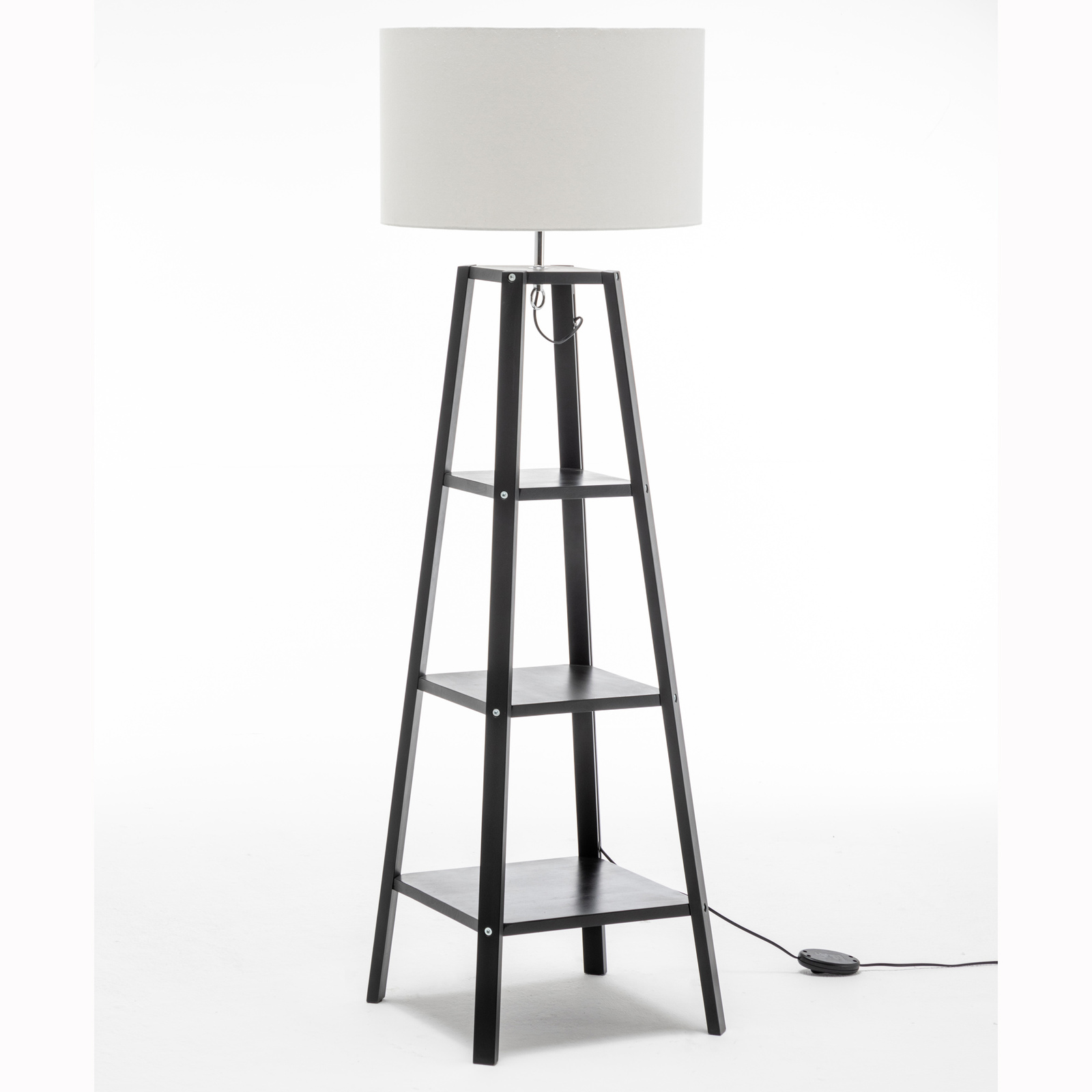 V563-75174-174350-00 Eiffel 3 Tier Natural Wood Floor Lamp w/ Storage Shelves + Off White Linen Shade - Image 1