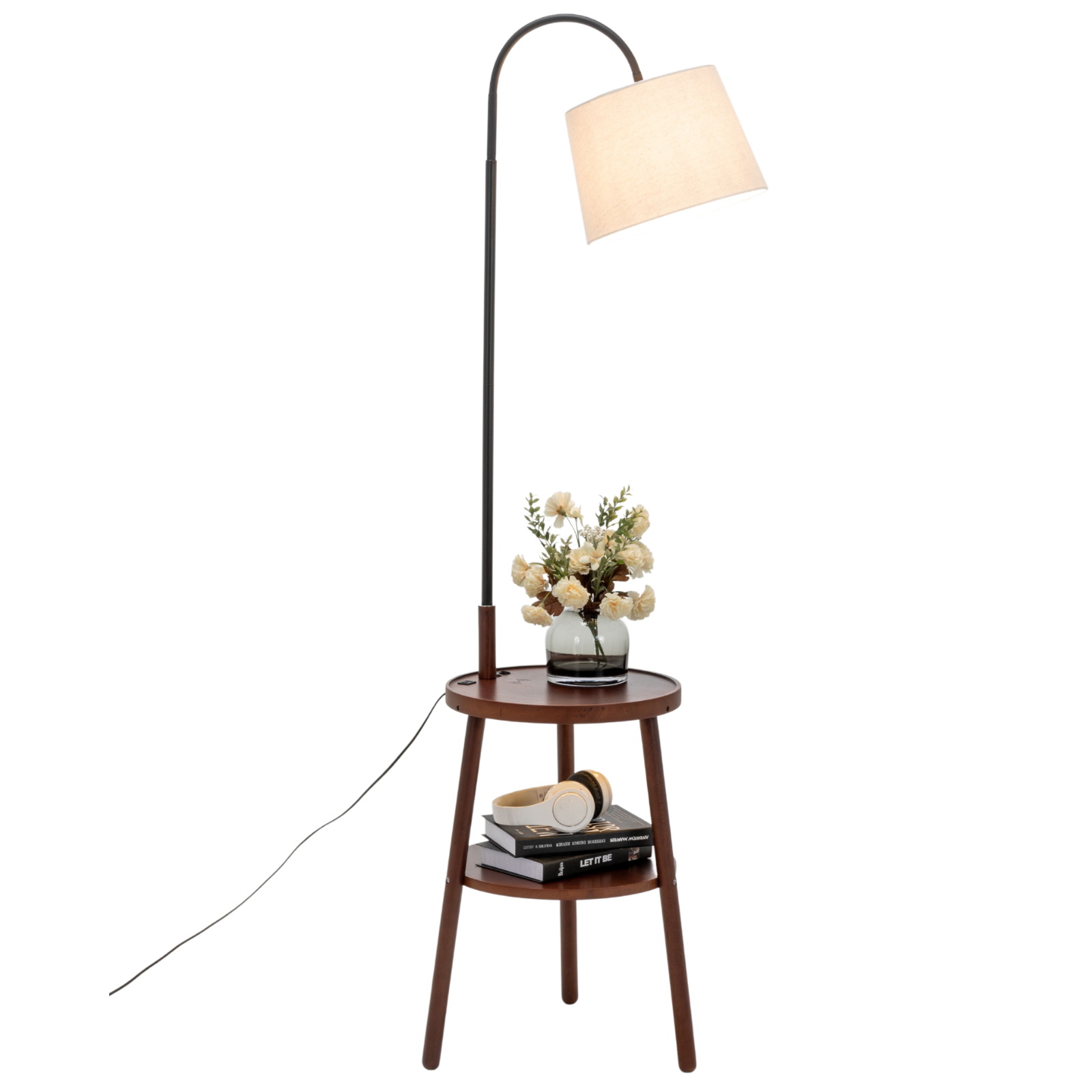 V563-75177-174356-00 Naples Tripod Floor Lamp Shelf Storage Drawer Bed Side Table Light w/ USB Charger - Image 1