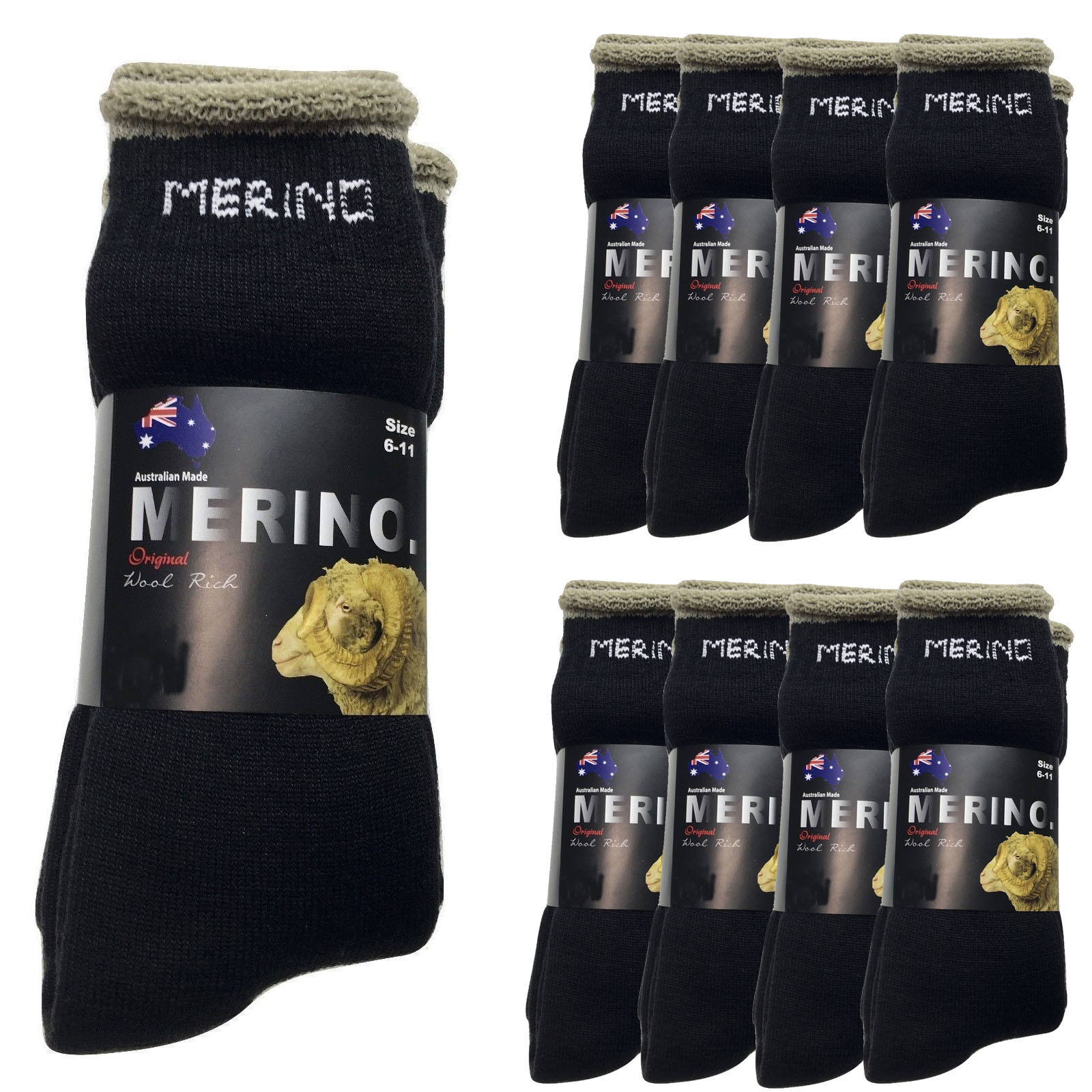 V563-9AUSOCKS-BK-6-11-202503261221-00 9 Pairs MERINO WOOL SOCKS Mens Heavy Duty Premium Thick Work Socks Cushion BULK - Black - 6-11 - Image 1