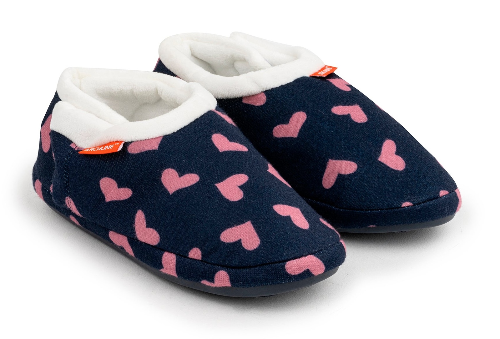 V563-AS401-NVYHRT-40-202503051905-00 ARCHLINE Orthotic Slippers CLOSED Arch Scuffs Moccasins Pain Relief in Navy Hearts - EUR40 - Image 1