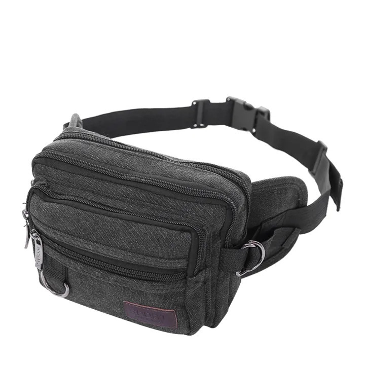 V563-B2005-BLACK-202503051411-00 LARGE CANVAS BUM BAG Wallet Waist Pouch Travel Pocket Belt Storage in Black - Image 1