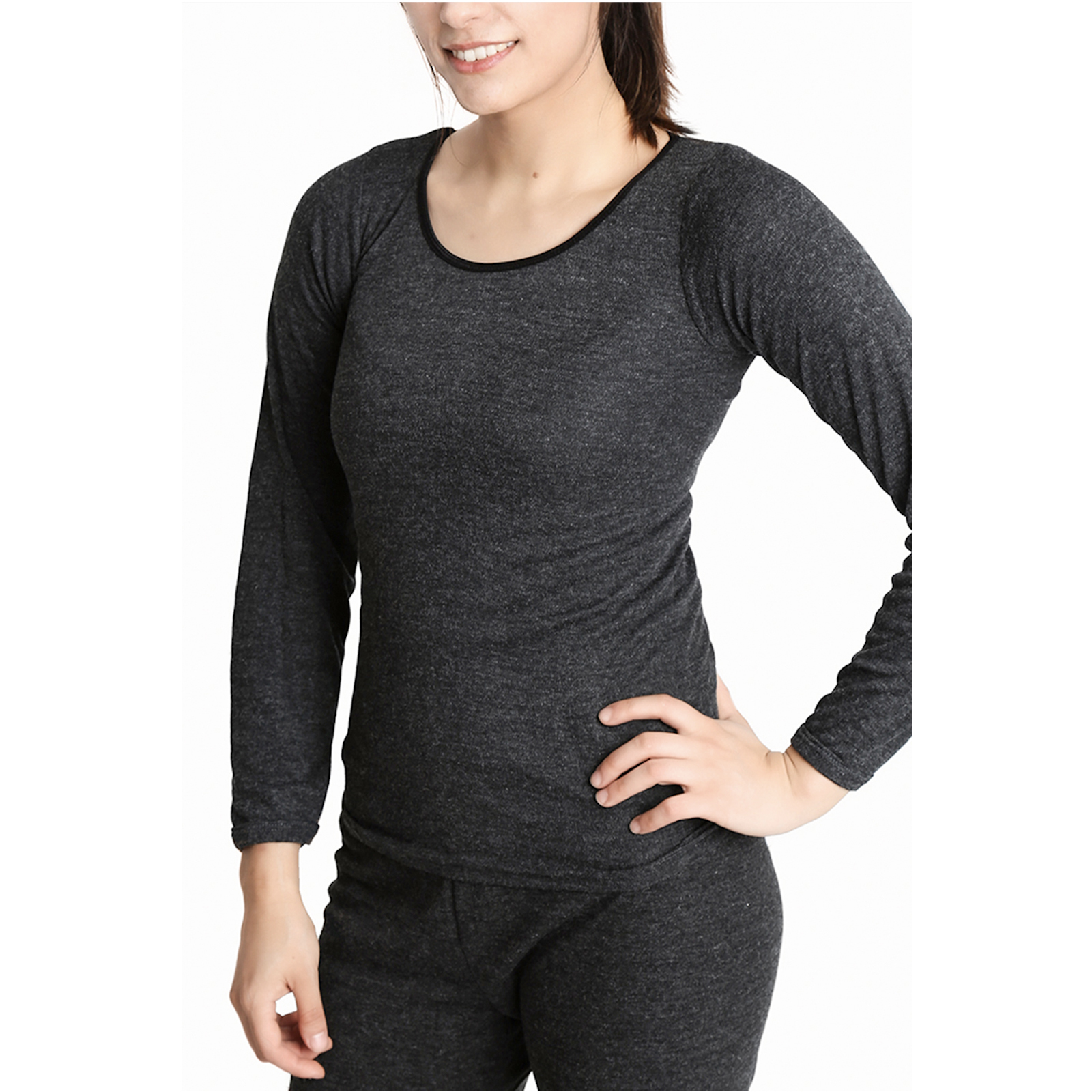 V563-BB-SI048-BK-10_12-202502270910-00 Ladies Merino Wool Blend Long Sleeve Thermal Spencer Top Underwear Thermals - Black - 10-12 - Image 1
