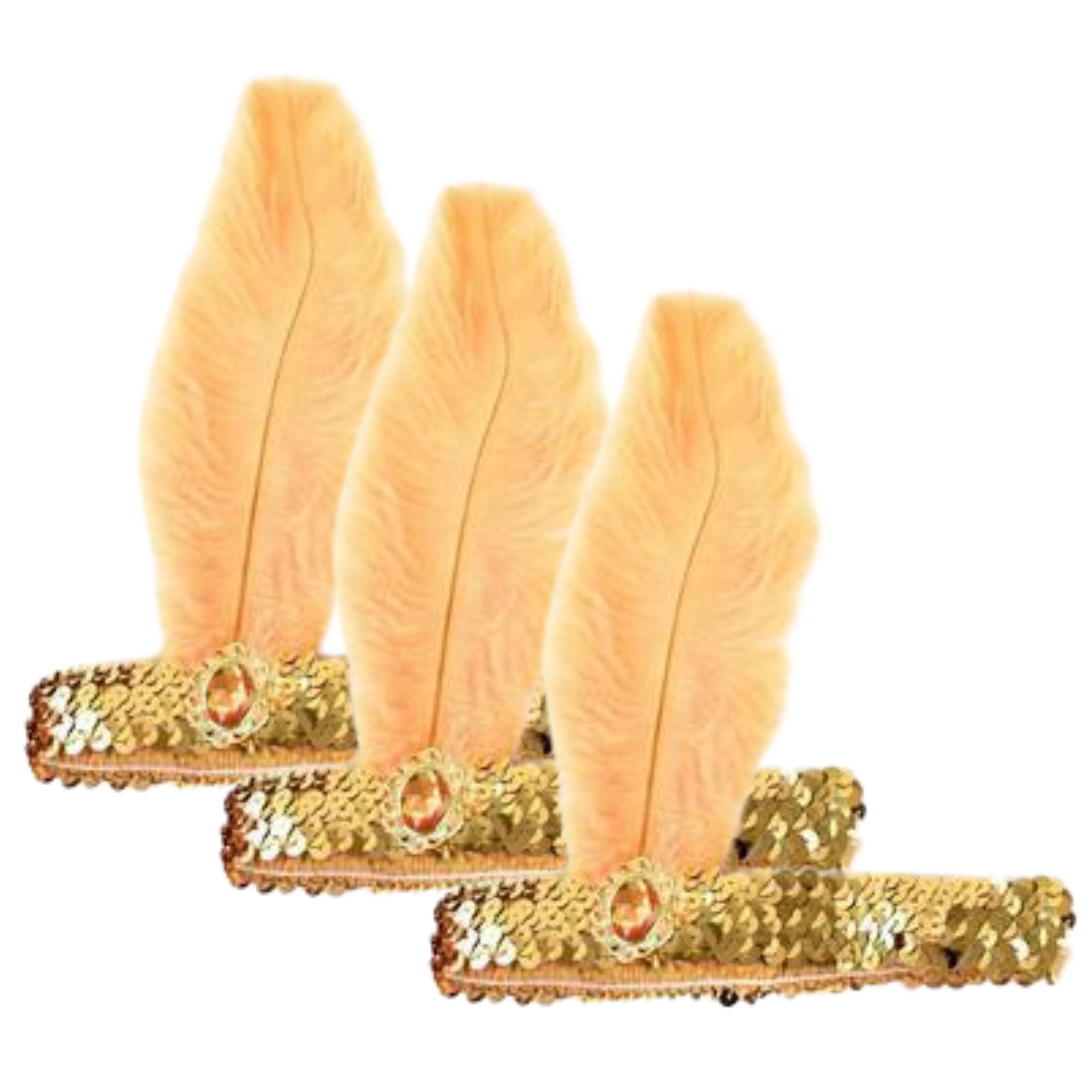 V563-BR-3FLAPPERHDBND-GLDORNG-184134-00 3x 1920s FLAPPER HEADBAND Headpiece Feather Sequin Charleston Costume Gatsby - Gold/Orange - Image 1