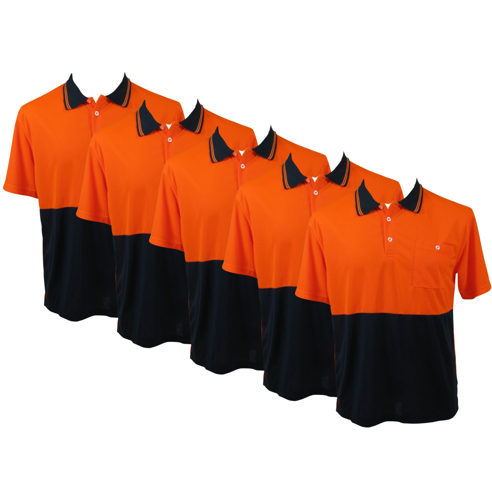V563-BR-5WRKPOLO-ORNGNAVY-S-202503051915-00 5x HI VIS Polo Shirt Top Tee Safety Workwear Short Sleeve Breathable Mesh BULK - Orange/Navy - S (14) - Image 1
