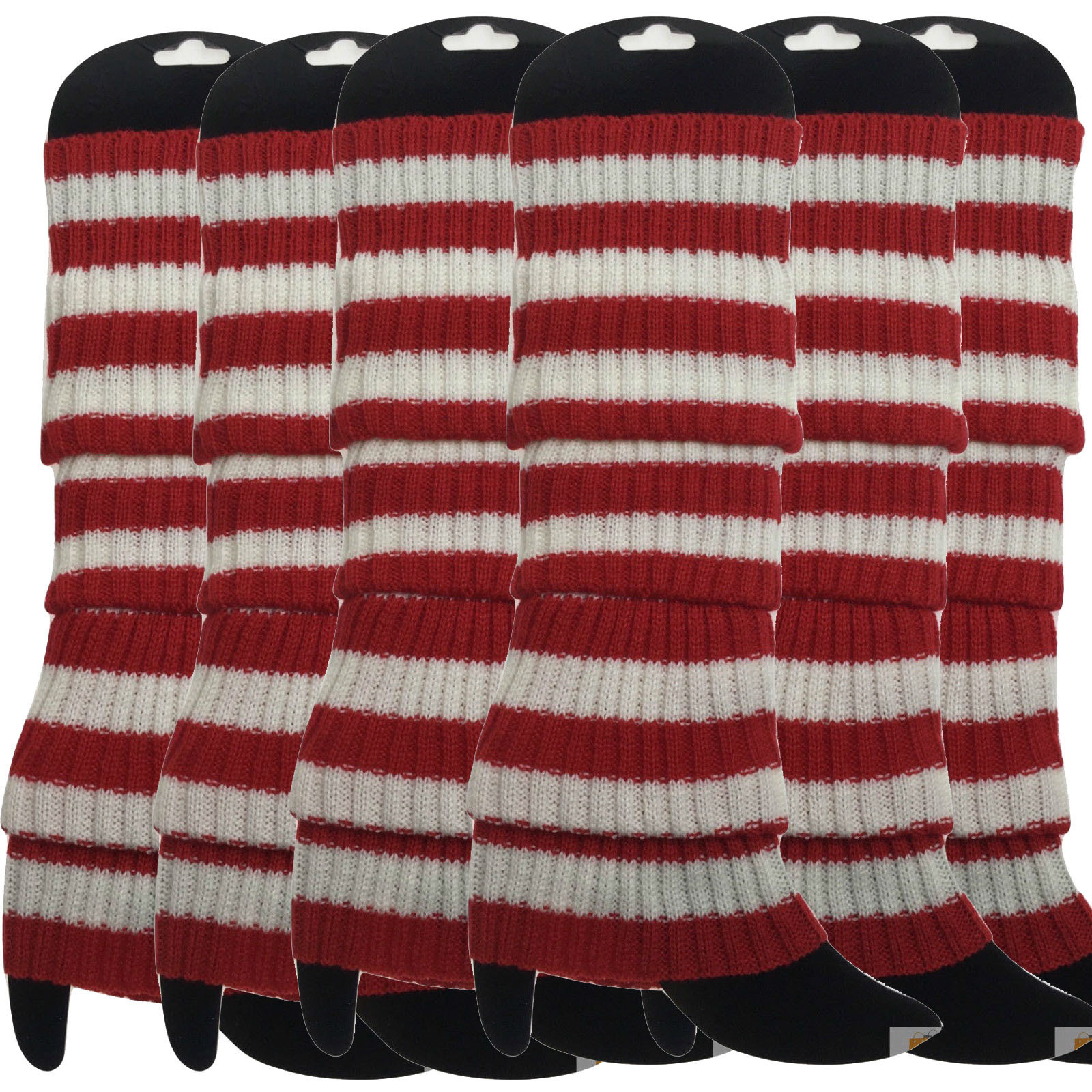 V563-BR-6LEGWARMRS-REDWHTSTR-202506190510-00 6x Womens Leg Warmers Disco Winter Knit Dance Party Crochet Legging Socks Costume - Red/White Stripe - Image 1