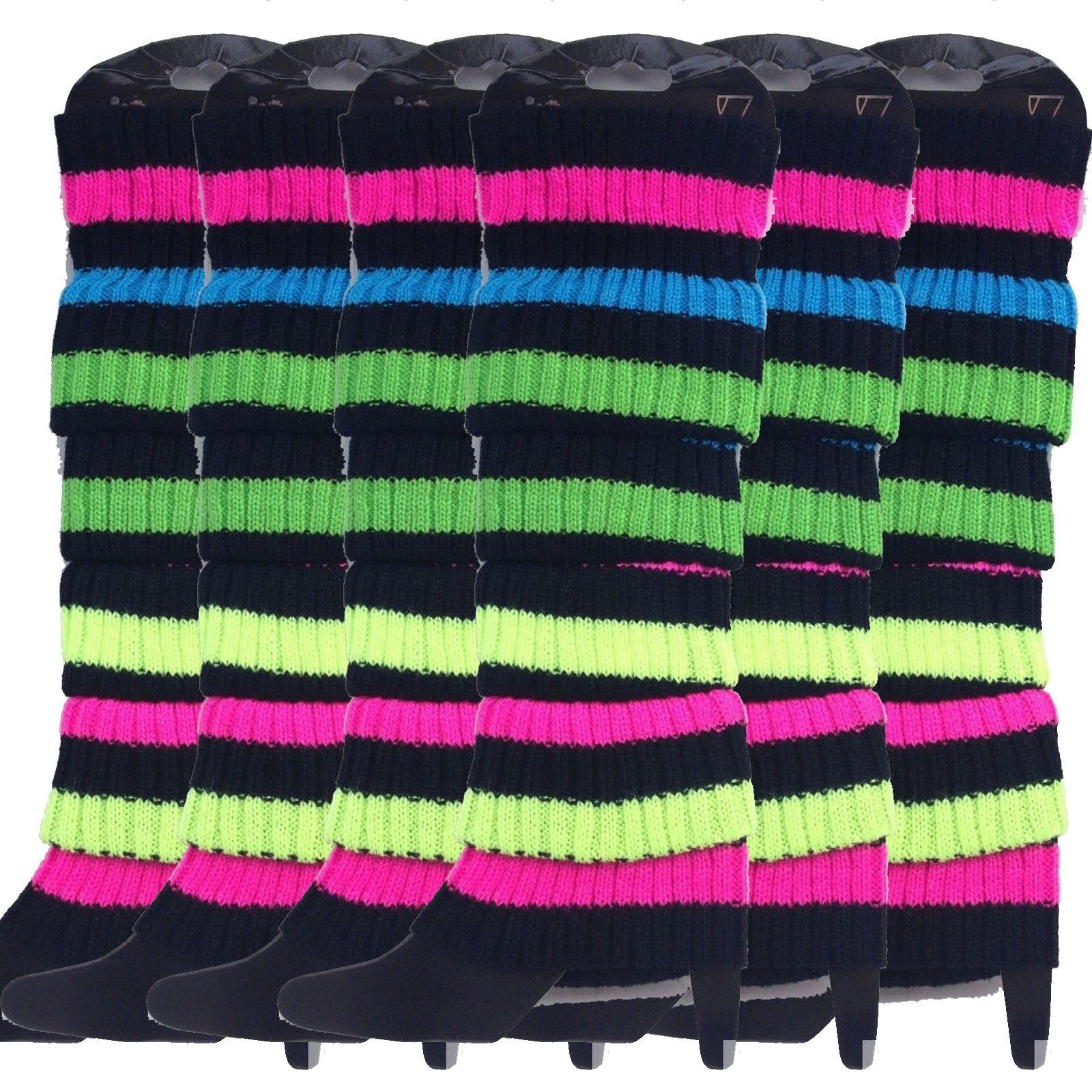 V563-BR-6LEGWARMRS-RNBWBLKSTR-202506190502-00 6x Womens Leg Warmers Disco Winter Knit Dance Party Crochet Legging Socks Costume - Rainbow with Black Stripe - Image 1