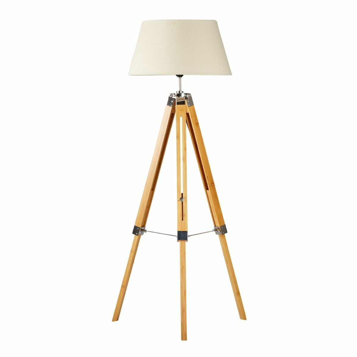 V563-BR-75005-173981-00 LARGE TRIPOD FLOOR LAMP Linen Shade Modern Light Bamboo Vintage Wooden Retro - Image 1