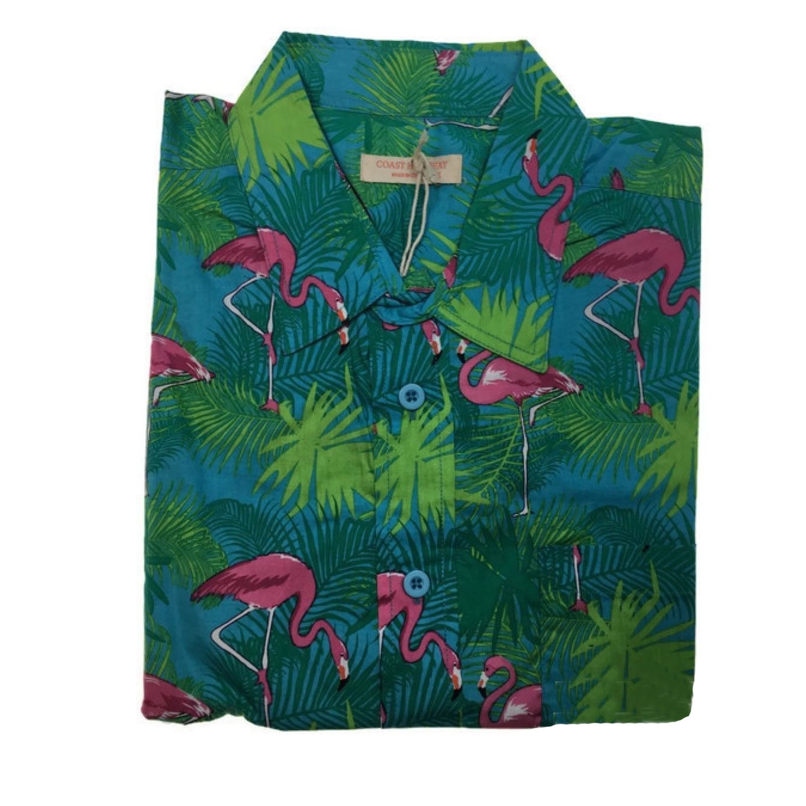 V563-BR-HWNSHT-PLMFLAM1428-S-202503051716-00 Mens Oahu Hawaiian Party Shirt Button Hippie Tops Short Sleeve Beach Holiday - Palm Flamingo (1428) - S - Image 1