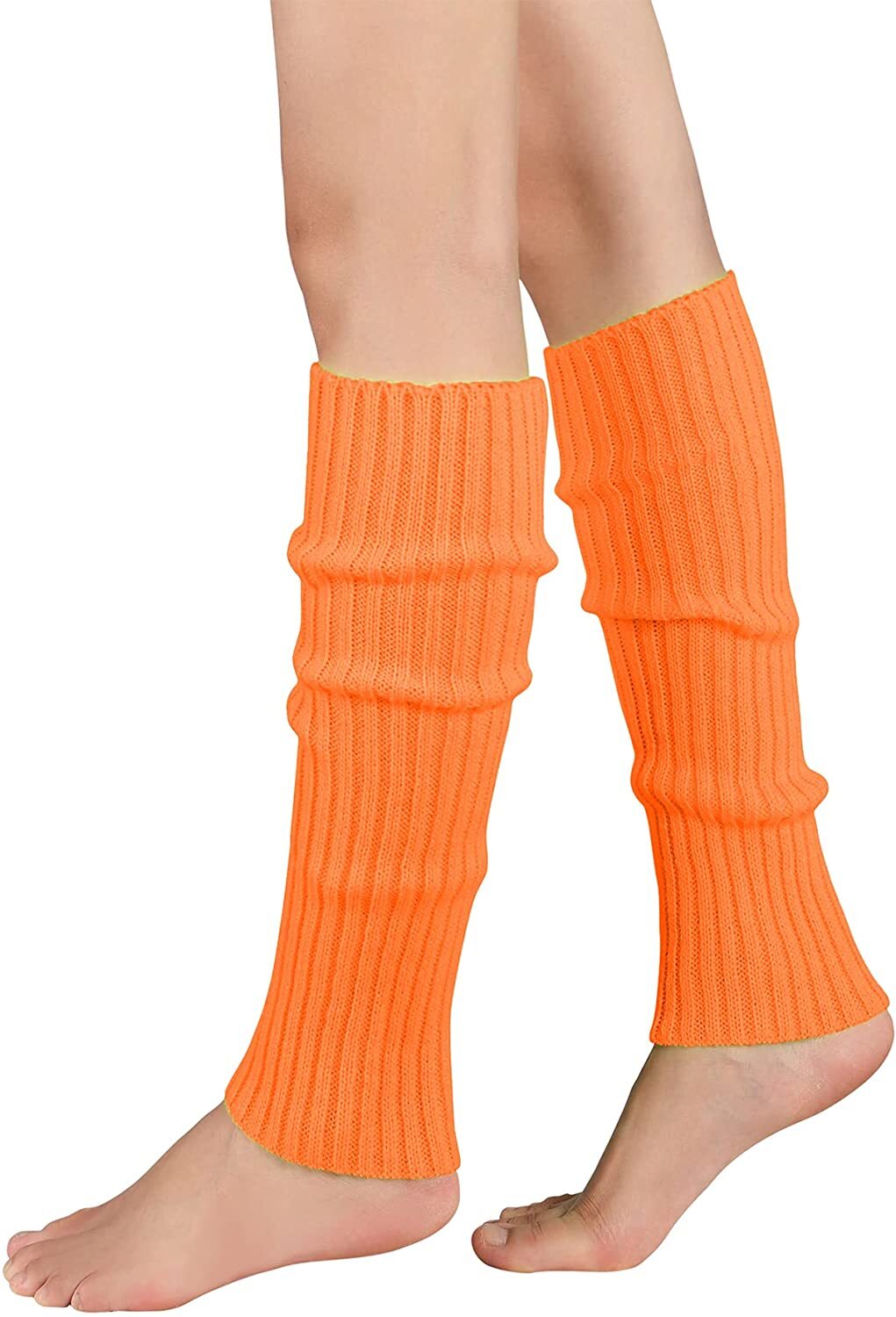 V563-BR-LEGW-ORNG-202503052235-00 Pair of Womens Leg Warmers Disco Winter Knit Dance Party Crochet Legging Socks Costume - Orange - Image 1