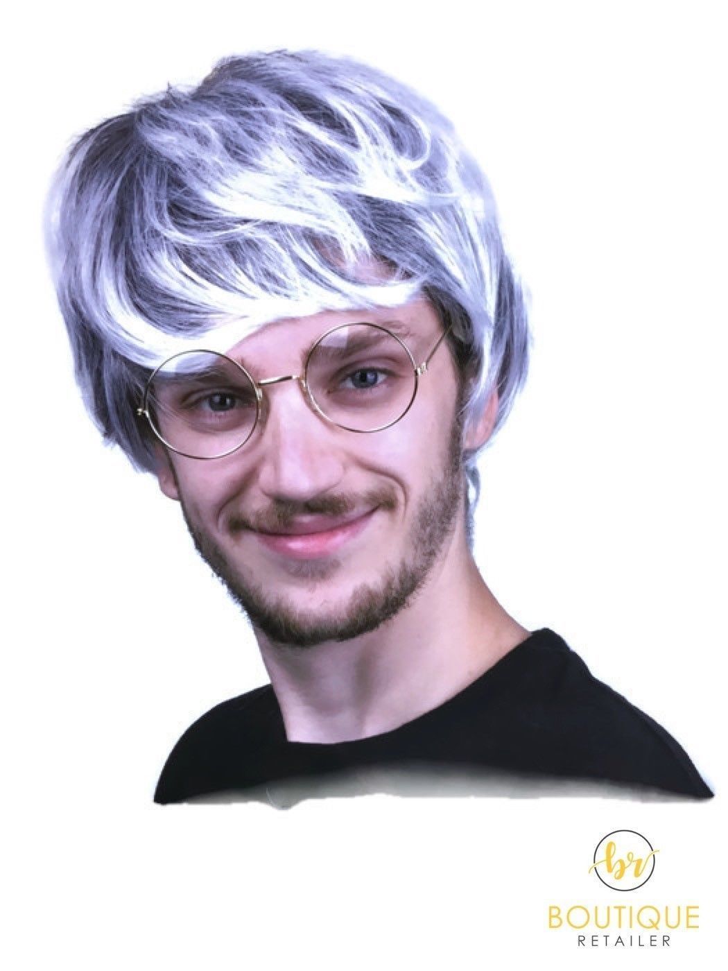 V563-BR-MENSWIGFF-WHT_BLK-202503051530-00 MENS WIG 80s Fancy Dress Mens Party Costume Rock Bogan Accessory Punk 70s - White/Black - Image 1