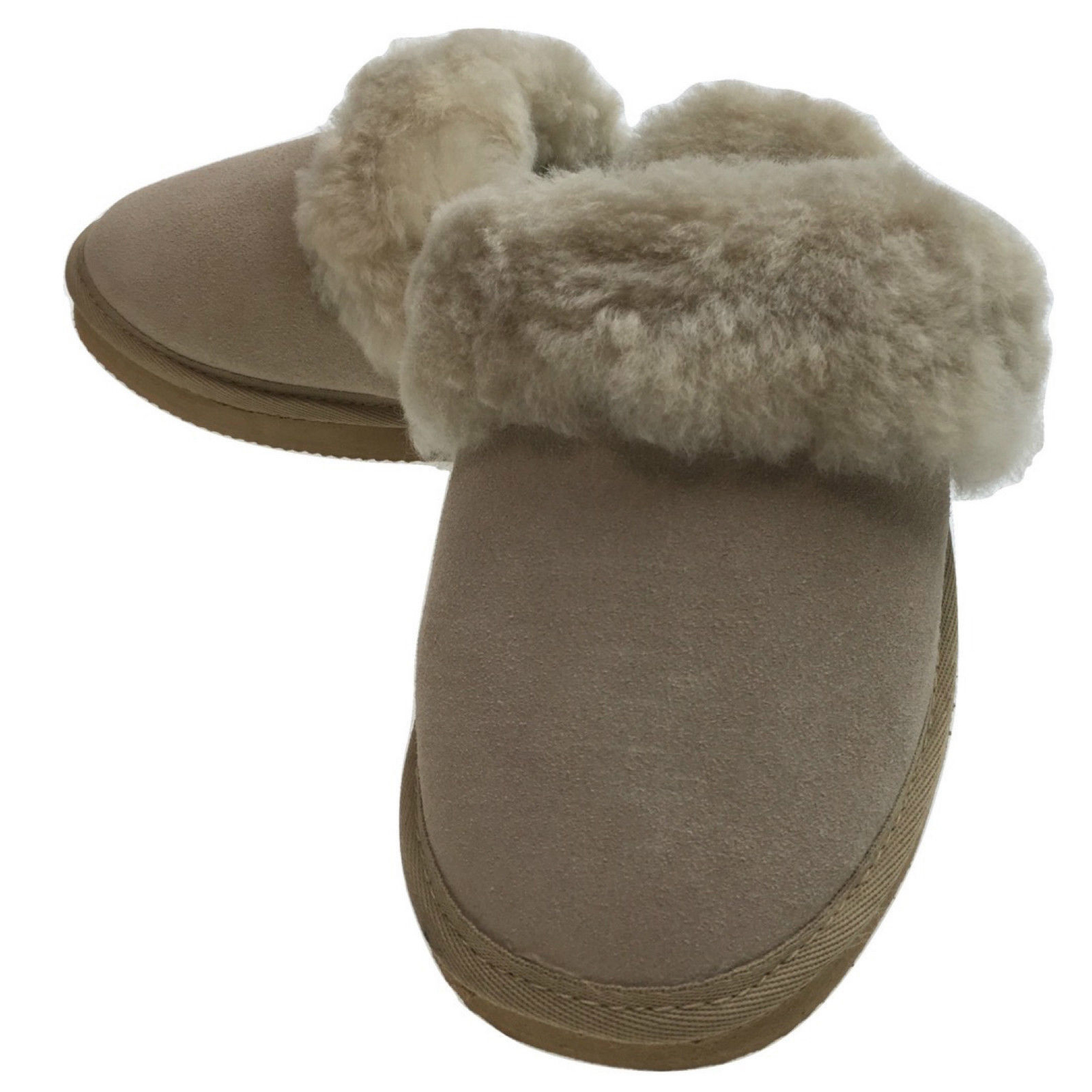 V563-BR-SHEEPSCUFFS-BEIFR-7-202503051931-00 100% Sheepskin Moccasin Slippers Winter Genuine Scuffs Slip On Mens Womens - Beige (with fur) - 7 - Image 1
