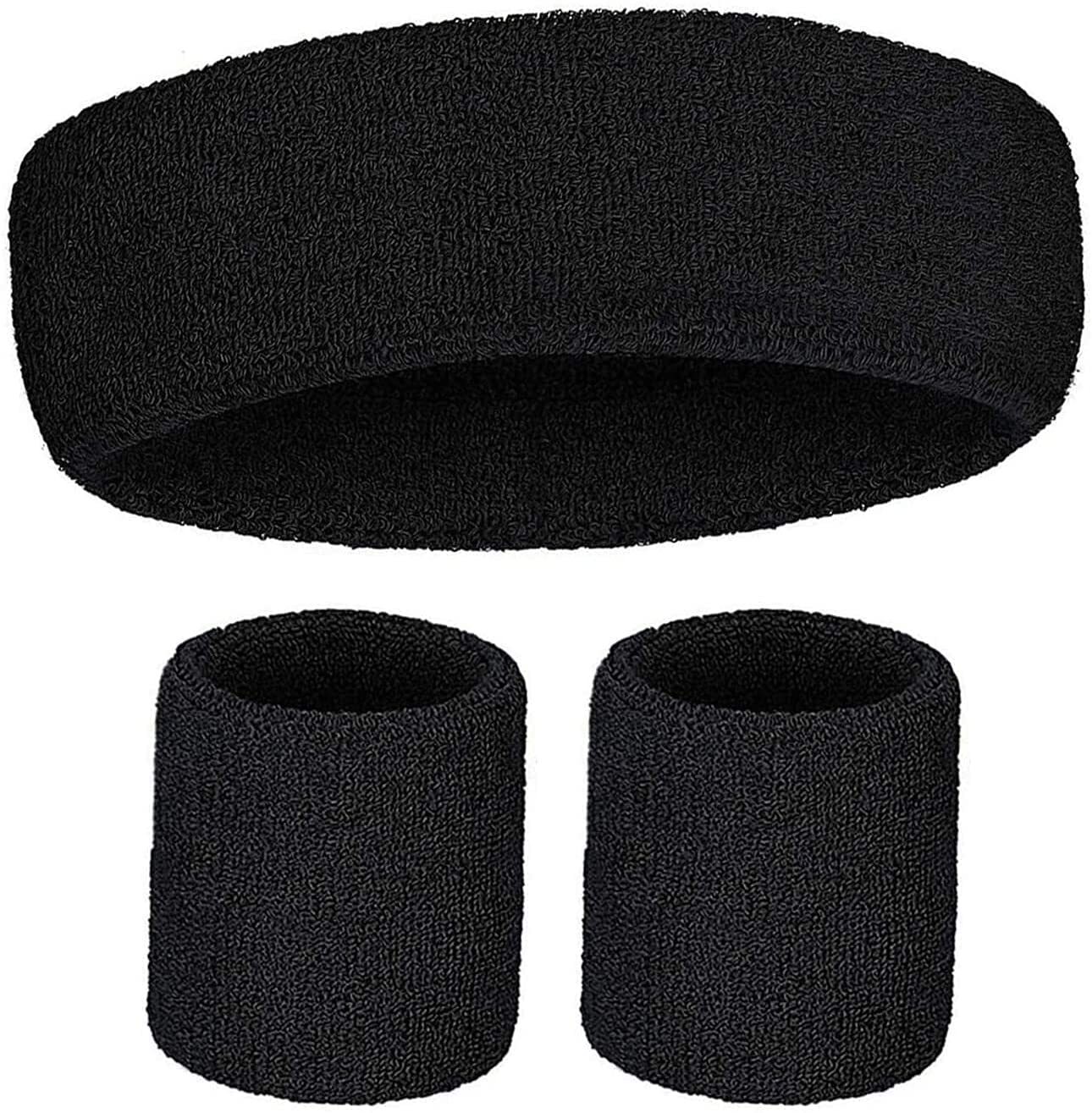 V563-BR-WRISTXHBSET-BLK-184596-00 WRISTBAND & HEADBAND SET Tennis Terry Towelling Cotton Sweat Band Team Gym - Black - Image 1