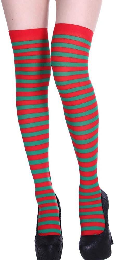 V563-CHRISTMAS_OVERTHEKNEESOCK-184694-00 Christmas Over The Knee Socks Red Green Xmas Candy Cane Striped Socks Elf - Image 1