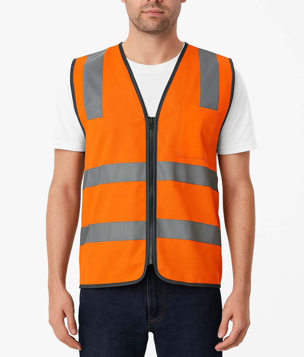 V563-CL-033-ORG-L-202506231245-00 Hi Vis Safety Vest Reflective Tape Zip Up Workwear Pocket High Visibility in Orange - L - Image 1