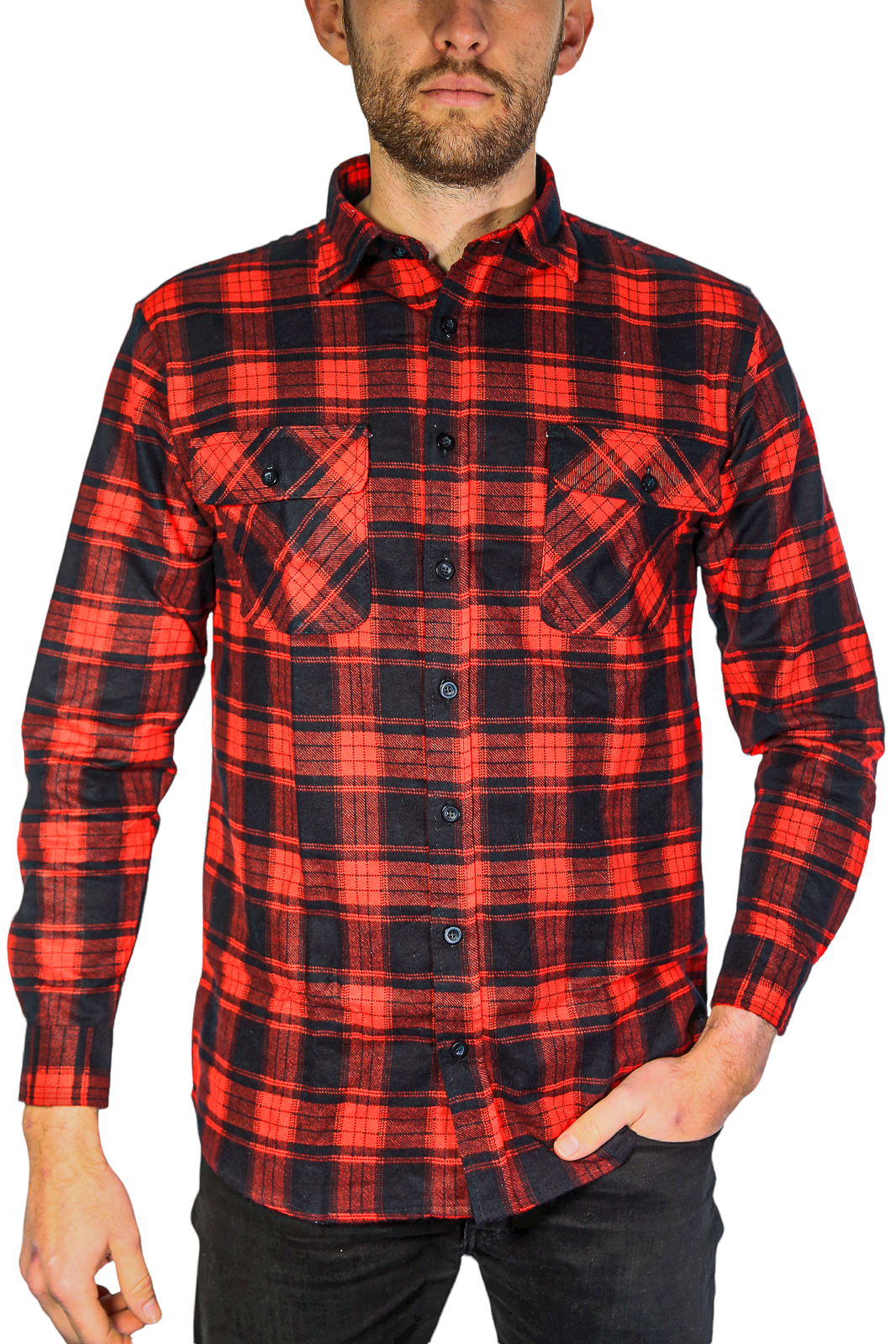V563-FS-FP20-90-6XL-202503051911-00 Mens Flannelette Long Sleeve Shirt 100% Cotton Check Authentic Flannel - Full Placket - Red - 6XL - Image 1