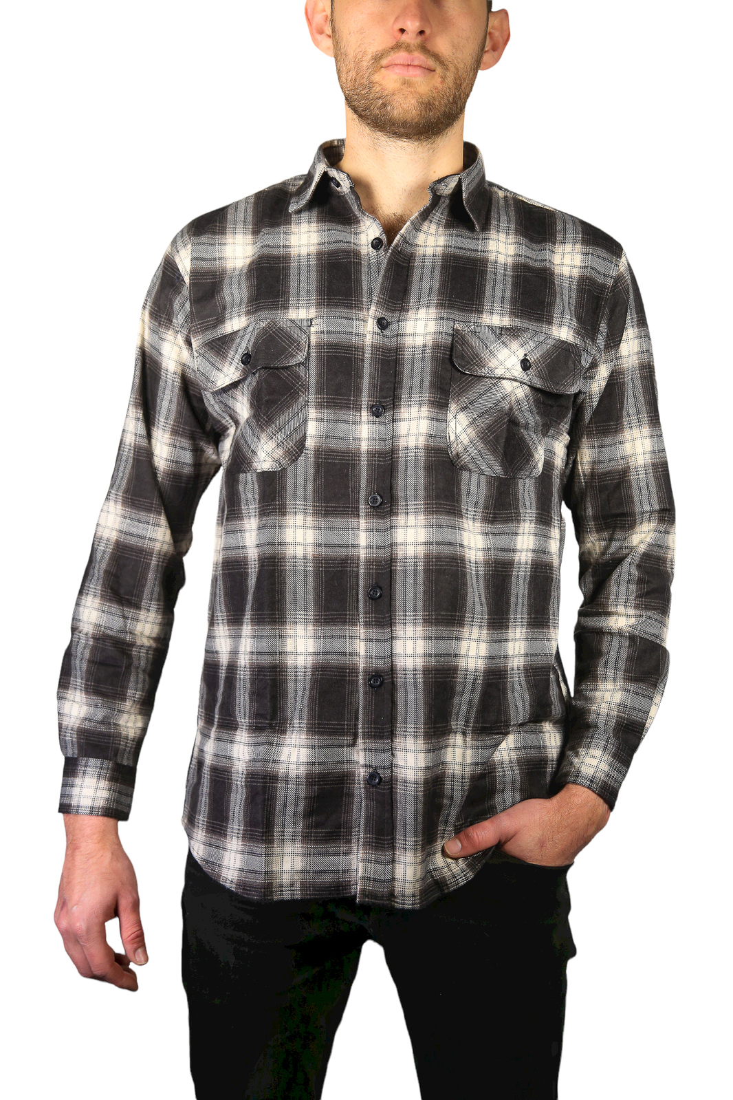 V563-FS-FP20-99-7XL-202503051915-00 Mens Flannelette Long Sleeve Shirt 100% Cotton Check Authentic Flannel - Full Placket - Black - 7XL - Image 1