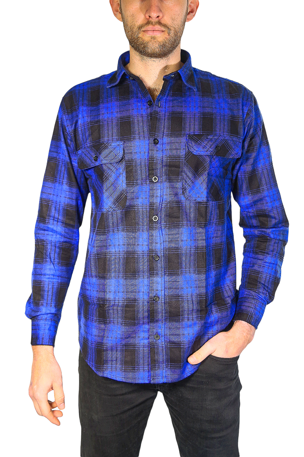 V563-FS-FP21-44-3XL-202502241342-00 Mens Flannelette Long Sleeve Shirt 100% Cotton Check Authentic Flannel - Full Placket - Royal Blue - 3XL - Image 1