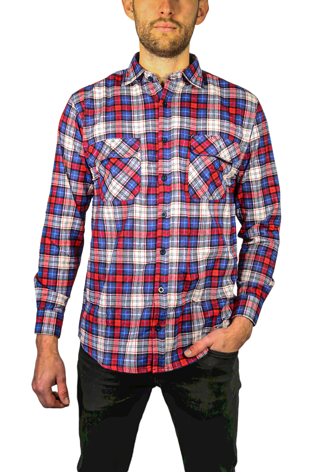 V563-FS-FP21-49-M-202502241343-00 Mens Flannelette Long Sleeve Shirt 100% Cotton Check Authentic Flannel - Full Placket - Navy/Red/White - M - Image 1