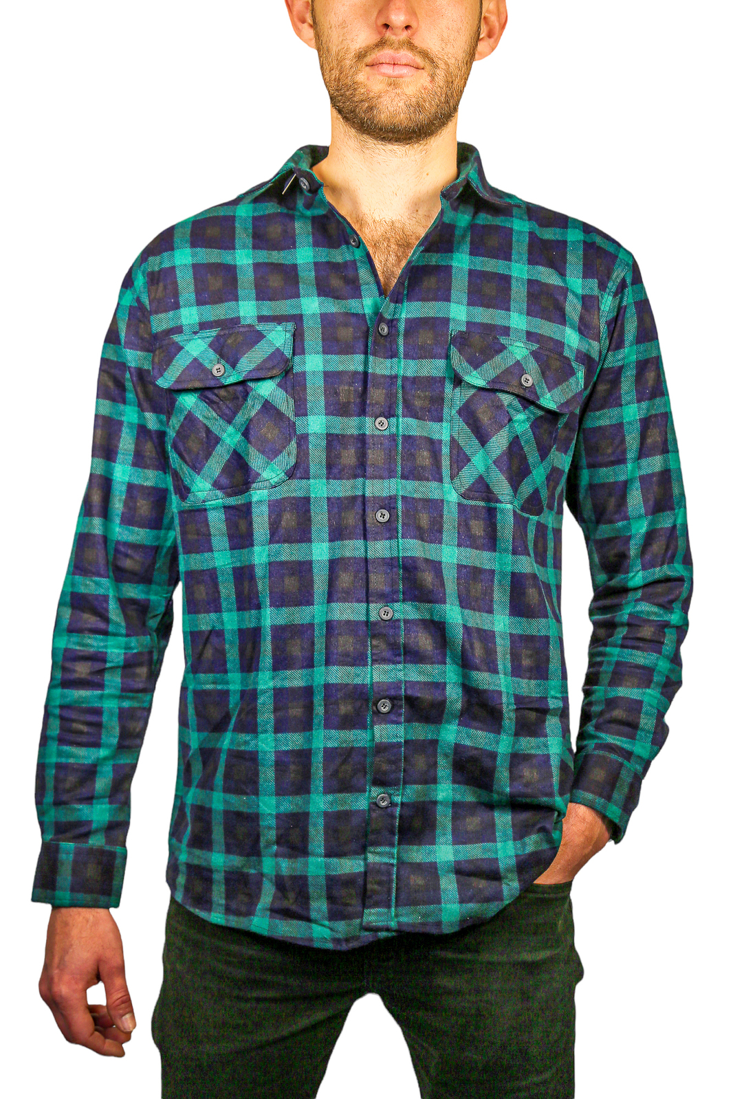 V563-FS-FP22-82-6XL-202503051616-00 Mens 100% Cotton Flannelette Shirt Long Sleeve Check Authentic Flannel - Green/Navy - 6XL - Image 1