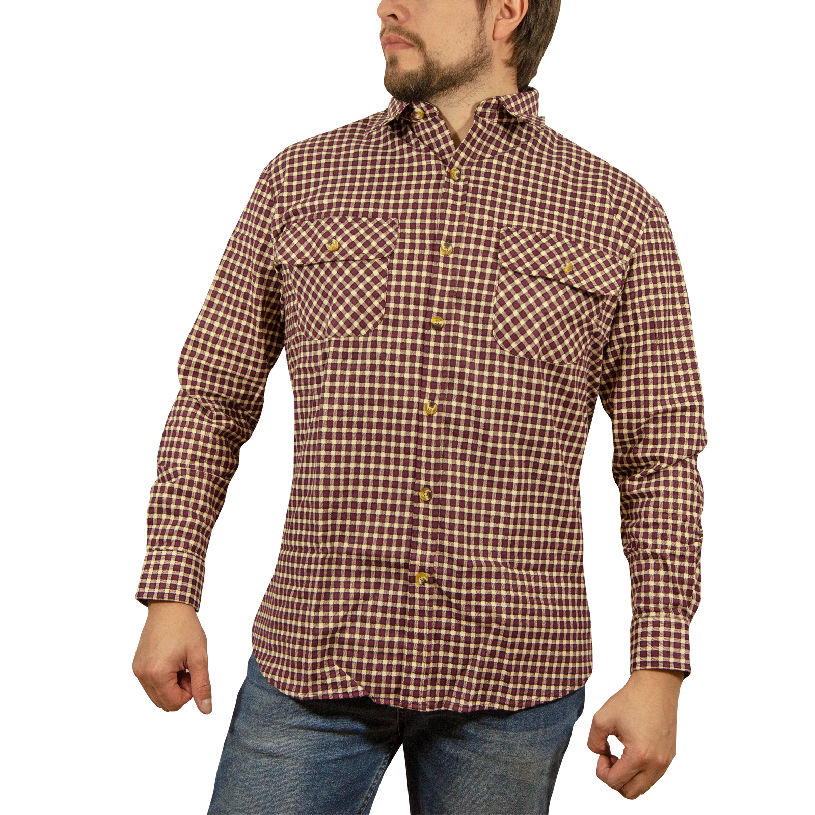 V563-FS-FP97-M-202503051502-00 Mens Long Sleeve Flannelette Shirt 100% Cotton Flannel - Burgundy Check - M - Image 1