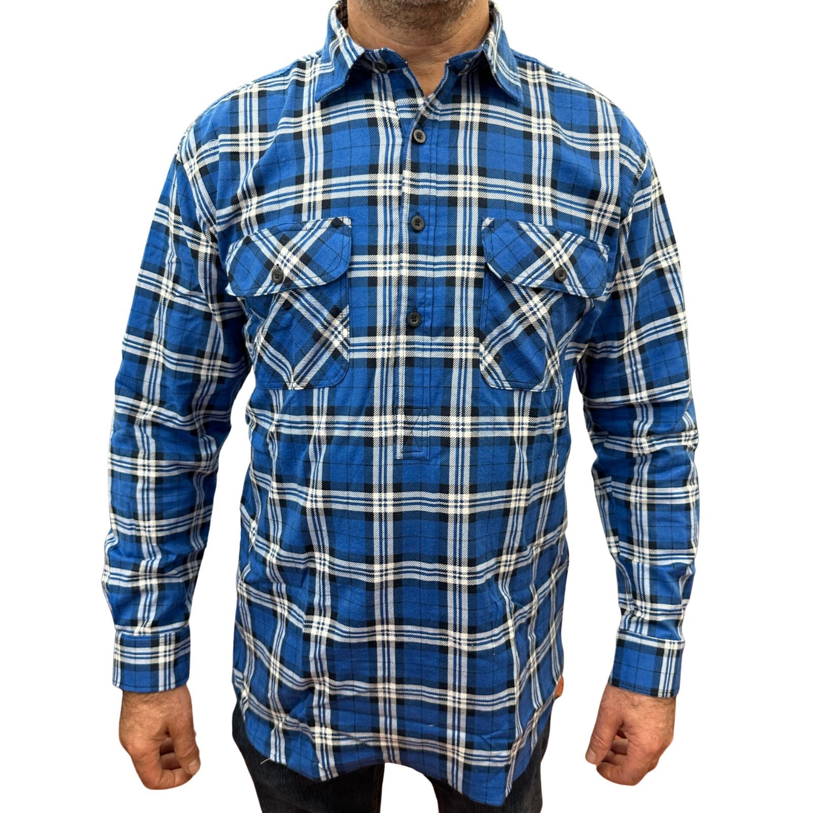 V563-FS-HP22-149-M-202503051540-00 Mens Flannelette Long Sleeve Pullover Shirt 100% Cotton Flannel - Half Placket - Navy - M - Image 1