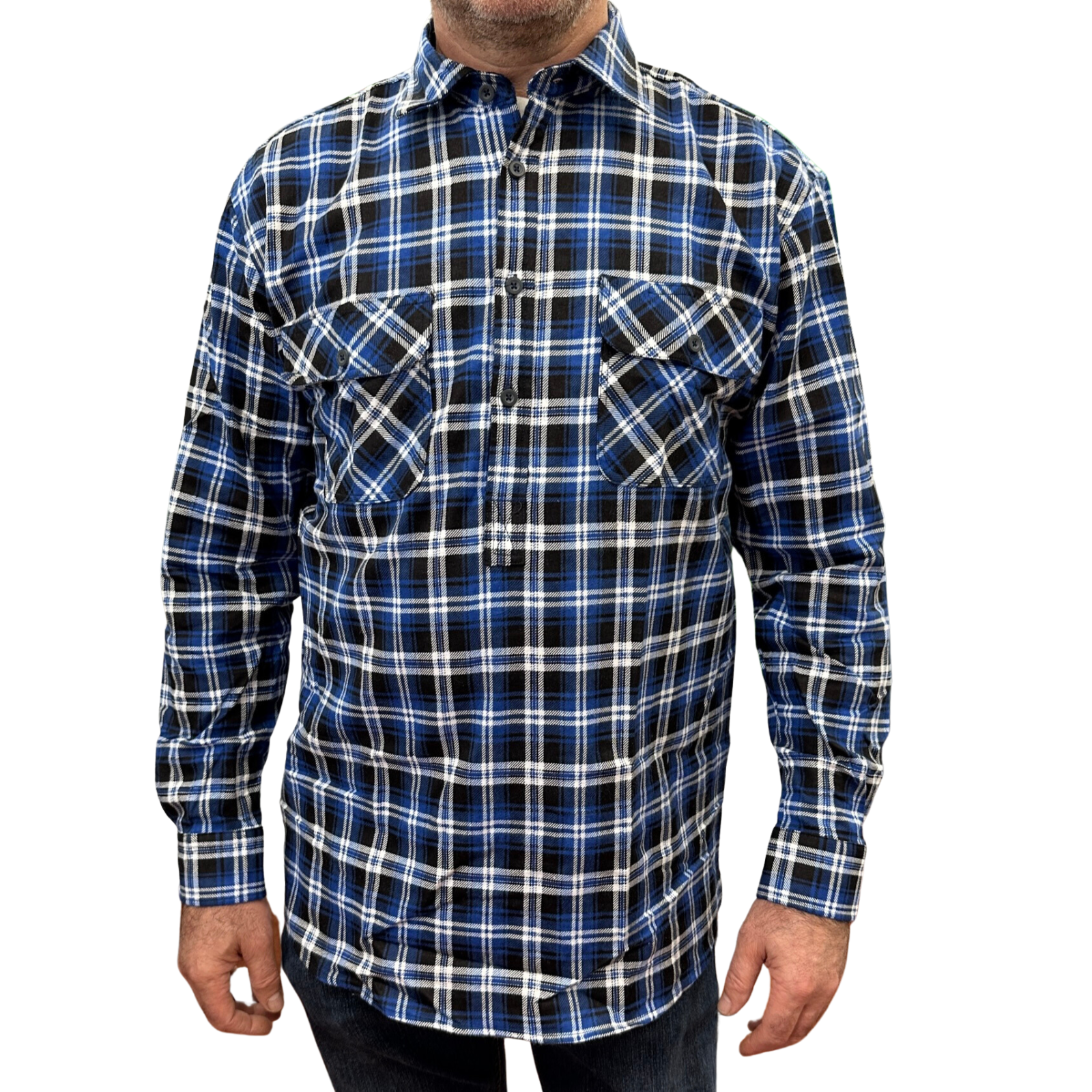 V563-FS-HP22-45-8XL-202503051530-00 Mens Flannelette Long Sleeve Pullover Shirt 100% Cotton Flannel - Half Placket - Blue/Black - 8XL - Image 1