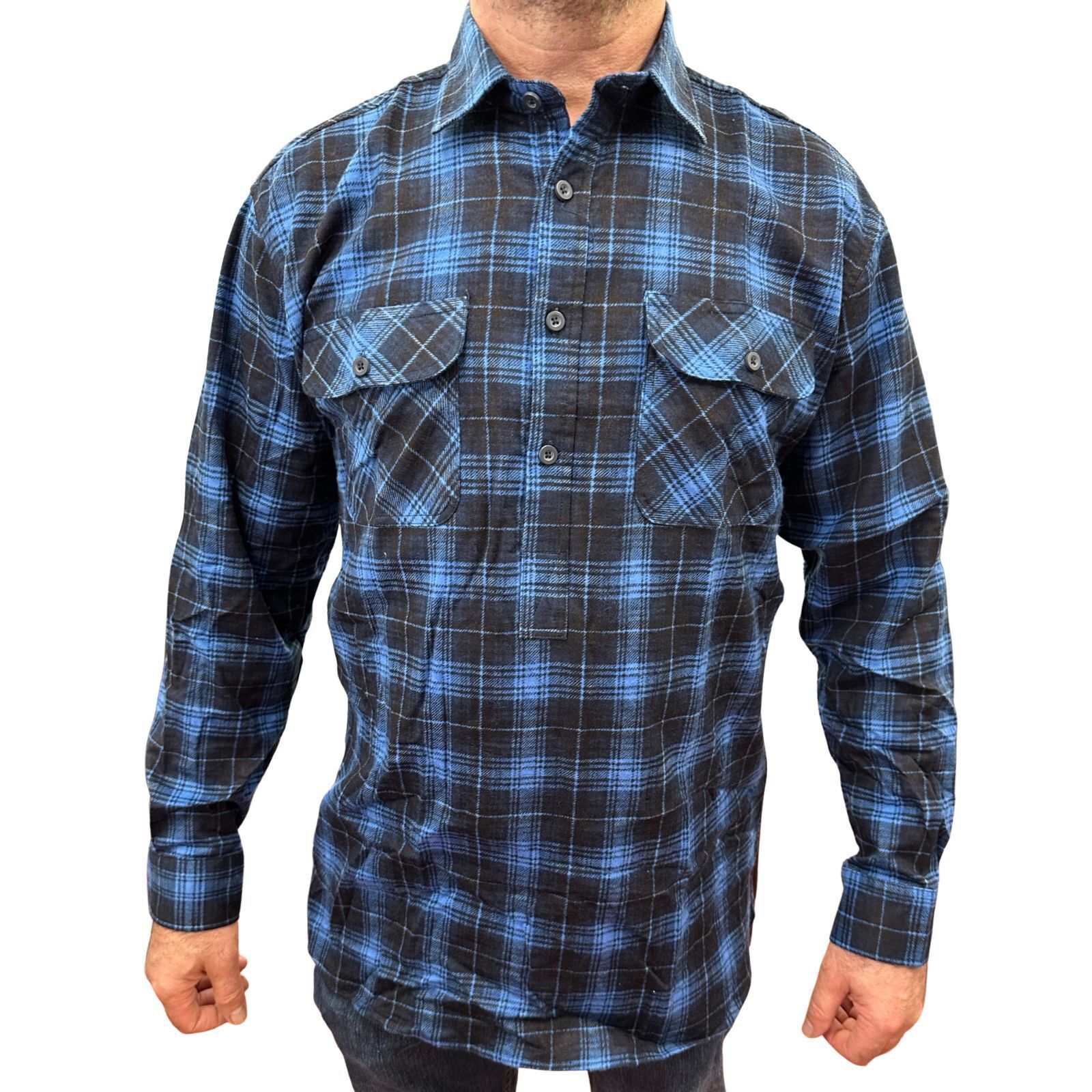 V563-FS-HP22-48-7XL-202503051545-00 Mens Flannelette Long Sleeve Pullover Shirt 100% Cotton Flannel - Half Placket - Blue - 7XL - Image 1