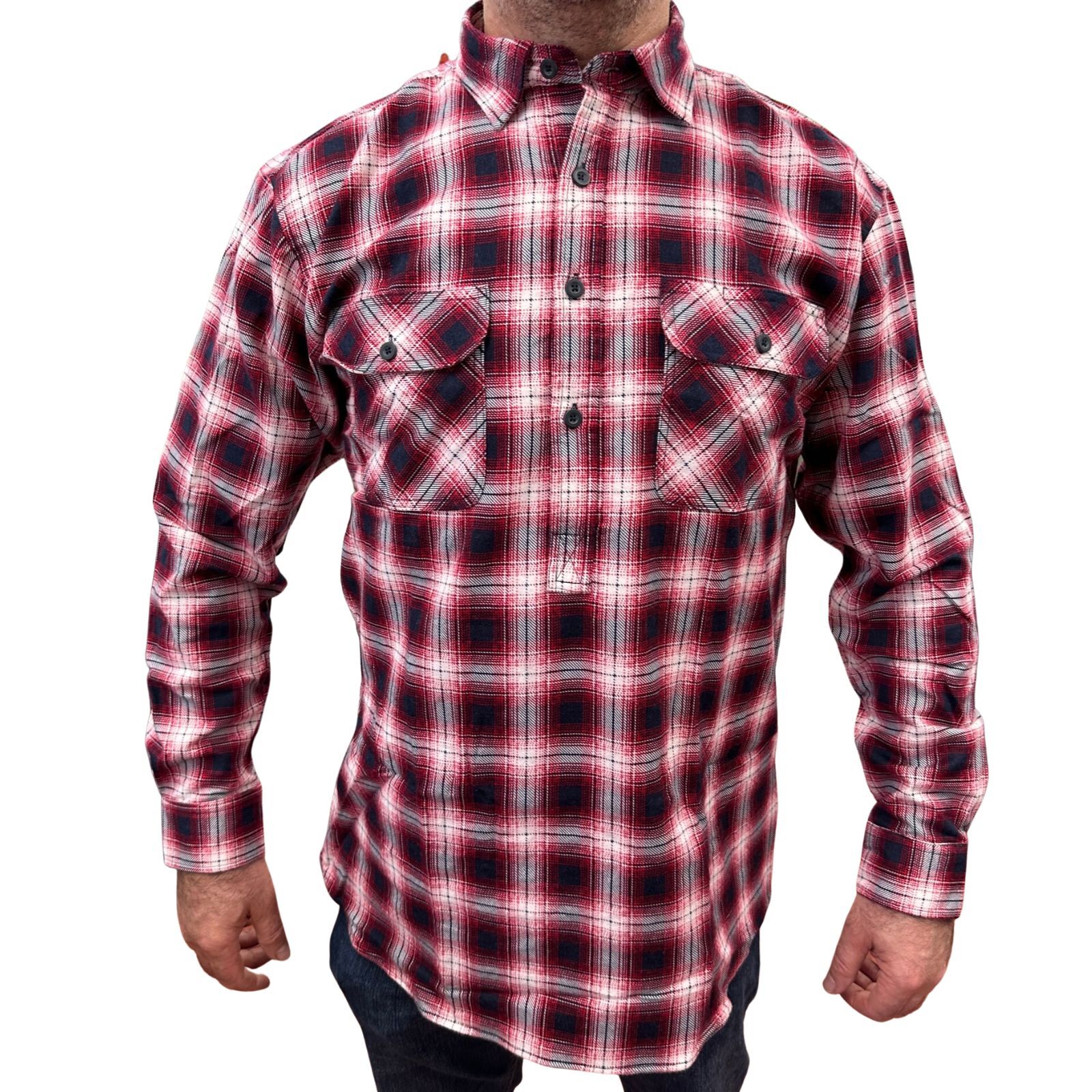 V563-FS-HP22-49-4XL-202503051531-00 Mens Flannelette Long Sleeve Pullover Shirt 100% Cotton Flannel - Half Placket - Red/Black - 4XL - Image 1