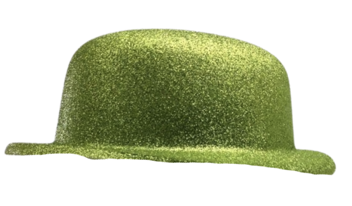 V563-GLTRBWLRHAT-LGREEN-202503052059-00 GLITTER BOWLER HAT Fancy Party Plastic Costume Cap Fun Dress Up Sparkle - Lime Green - Image 1