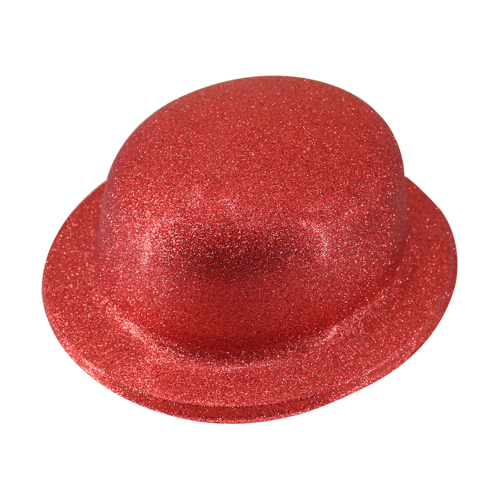 V563-GLTRBWLRHAT-RED-202503052105-00 GLITTER BOWLER HAT Fancy Party Plastic Costume Cap Fun Dress Up Sparkle - Red - Image 1