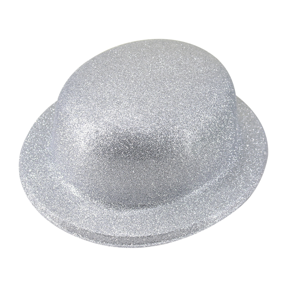 V563-GLTRBWLRHAT-WHT-SILVER-202503052110-00 GLITTER BOWLER HAT Fancy Party Plastic Costume Cap Fun Dress Up Sparkle - White/Silver - Image 1