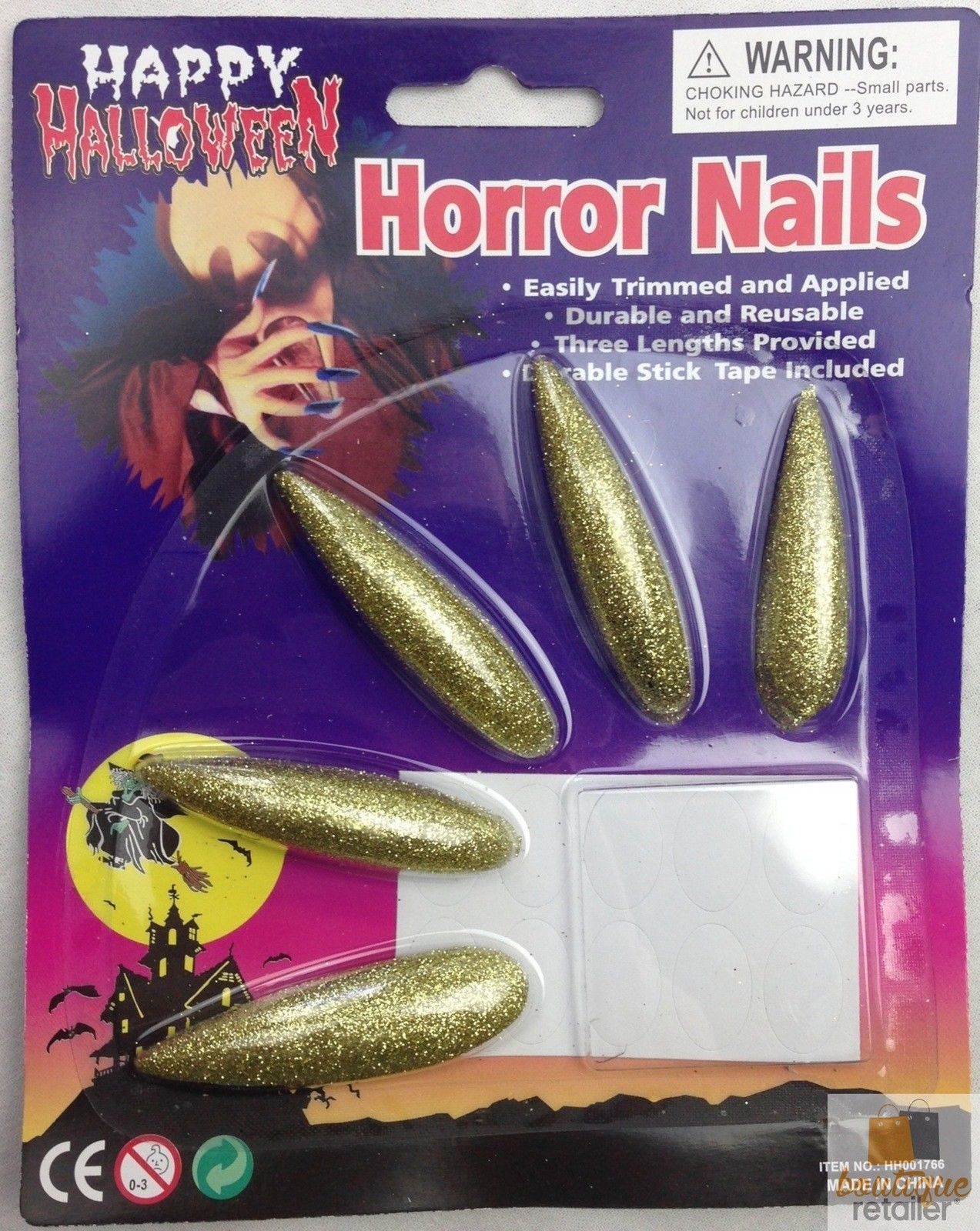 V563-HH001766-GLD-202503051835-00 10x Long GLITTER HORROR NAILS Halloween Party Costume Accessory Vampire Witch - Gold - Image 1