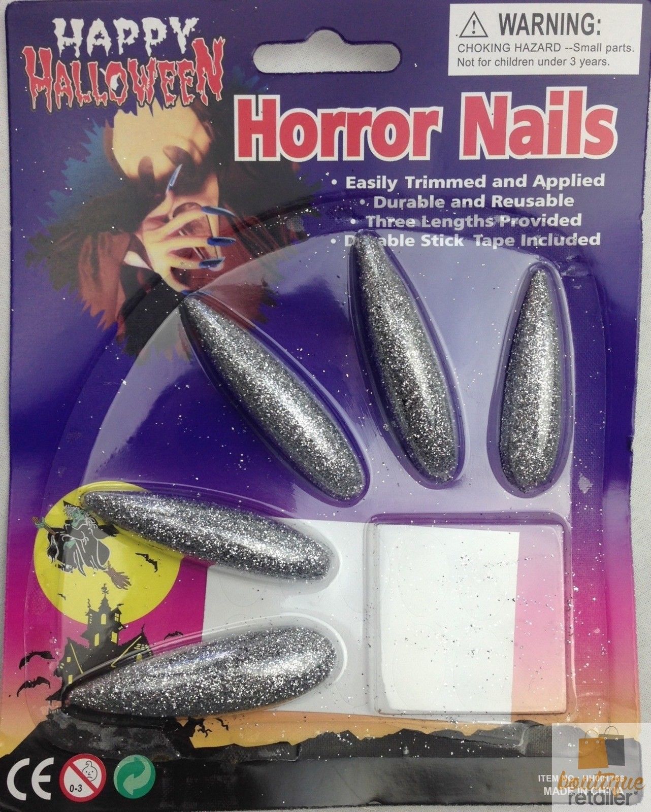 V563-HH001766-SILVER-202503051835-00 10x Long GLITTER HORROR NAILS Halloween Party Costume Accessory Vampire Witch - Silver - Image 1