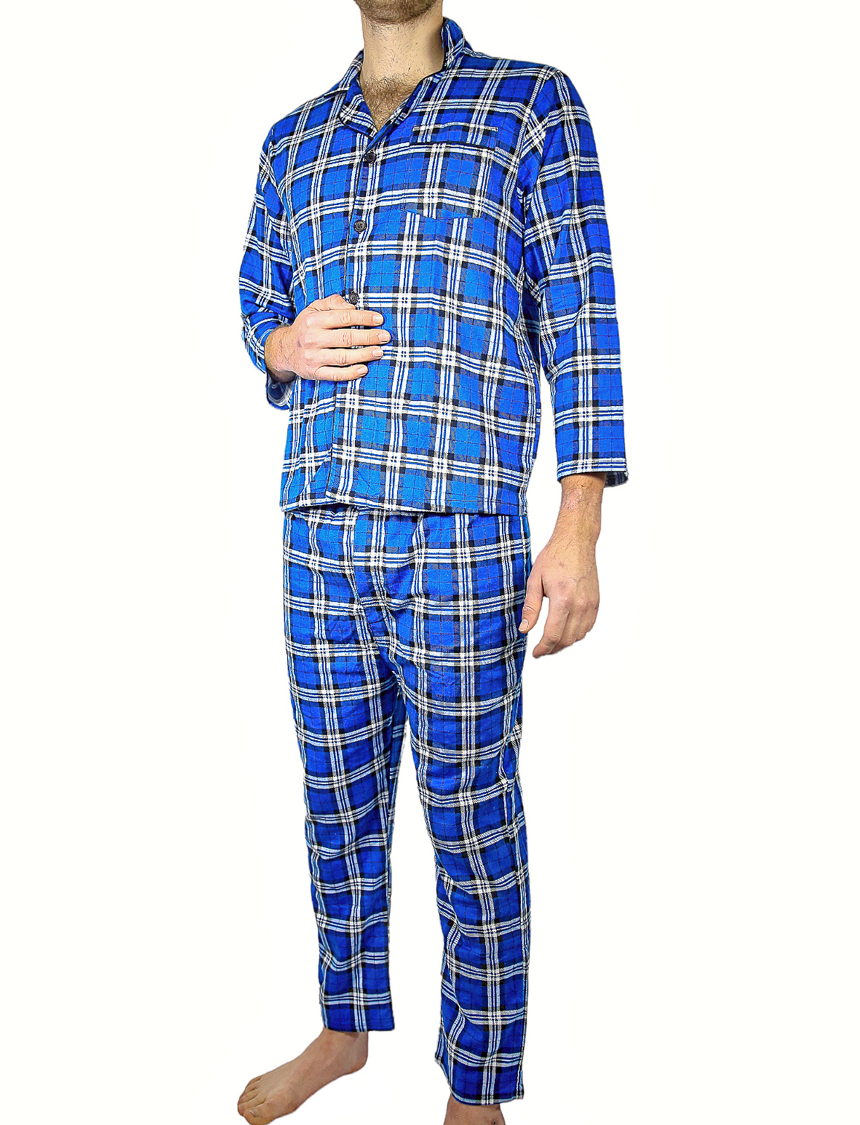 V563-JSPJ3-149-6XL-202503051606-00 Mens Flannelette Pyjama Set Sleepwear Soft 100% Cotton PJs Two Piece Pajamas - Blue - 6XL - Image 1