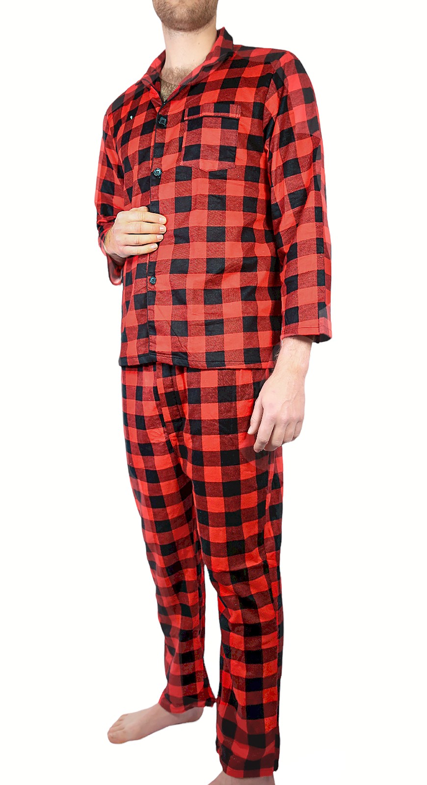V563-JSPJ3-190-XL-202503051601-00 Mens Flannelette Pyjama Set Sleepwear Soft 100% Cotton PJs Two Piece Pajamas - Red - XL - Image 1