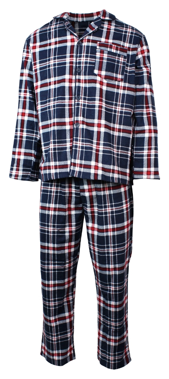 V563-JSPJ4-90-S-202503051817-00 Mens Flannelette Pyjama Set Sleepwear Soft 100% Cotton PJs Two Piece - Navy/Red Check - S - Image 1