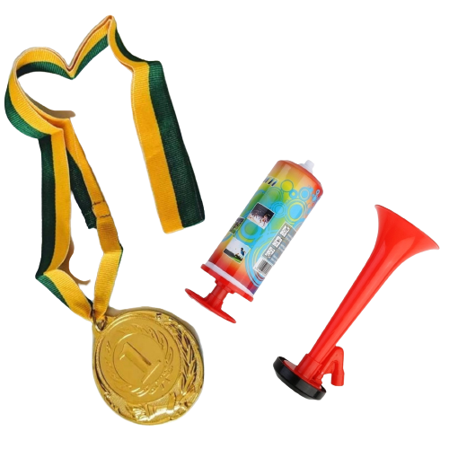 V563-MEDALHORNPARTYSET-184563-00 1st Gold Medal Winner + Air Horn Party Set School Sports Day Olympics Ribbon - Image 1