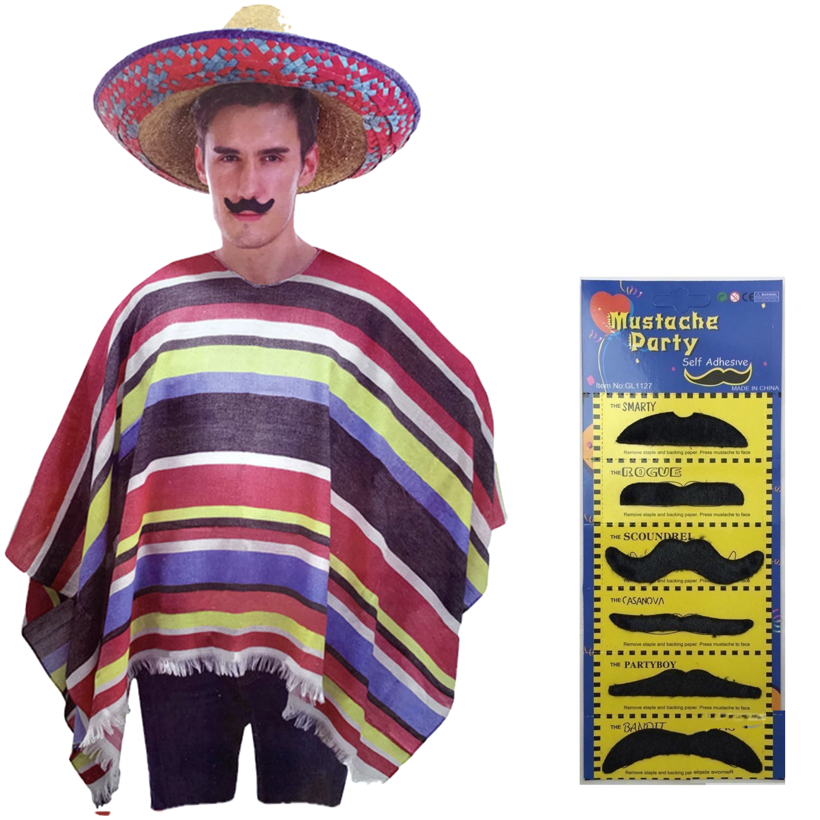 V563-MEXICANCOSTUMESET-202505231030-00 3pc Set Mens Mexican Poncho + Sombrero + Moustache Spanish Cowboy Costume Party - Image 1